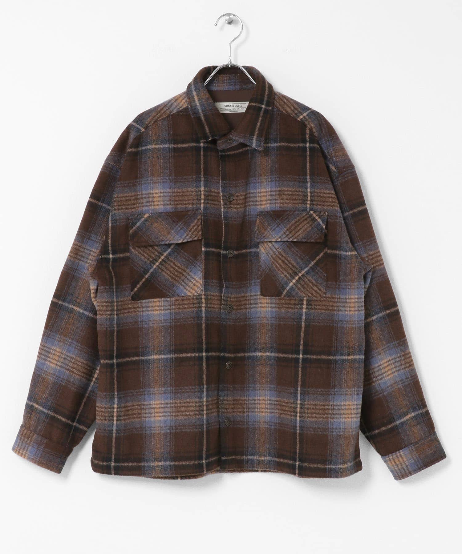 シャギーチェックダブルポケットシャツ ブラウン M