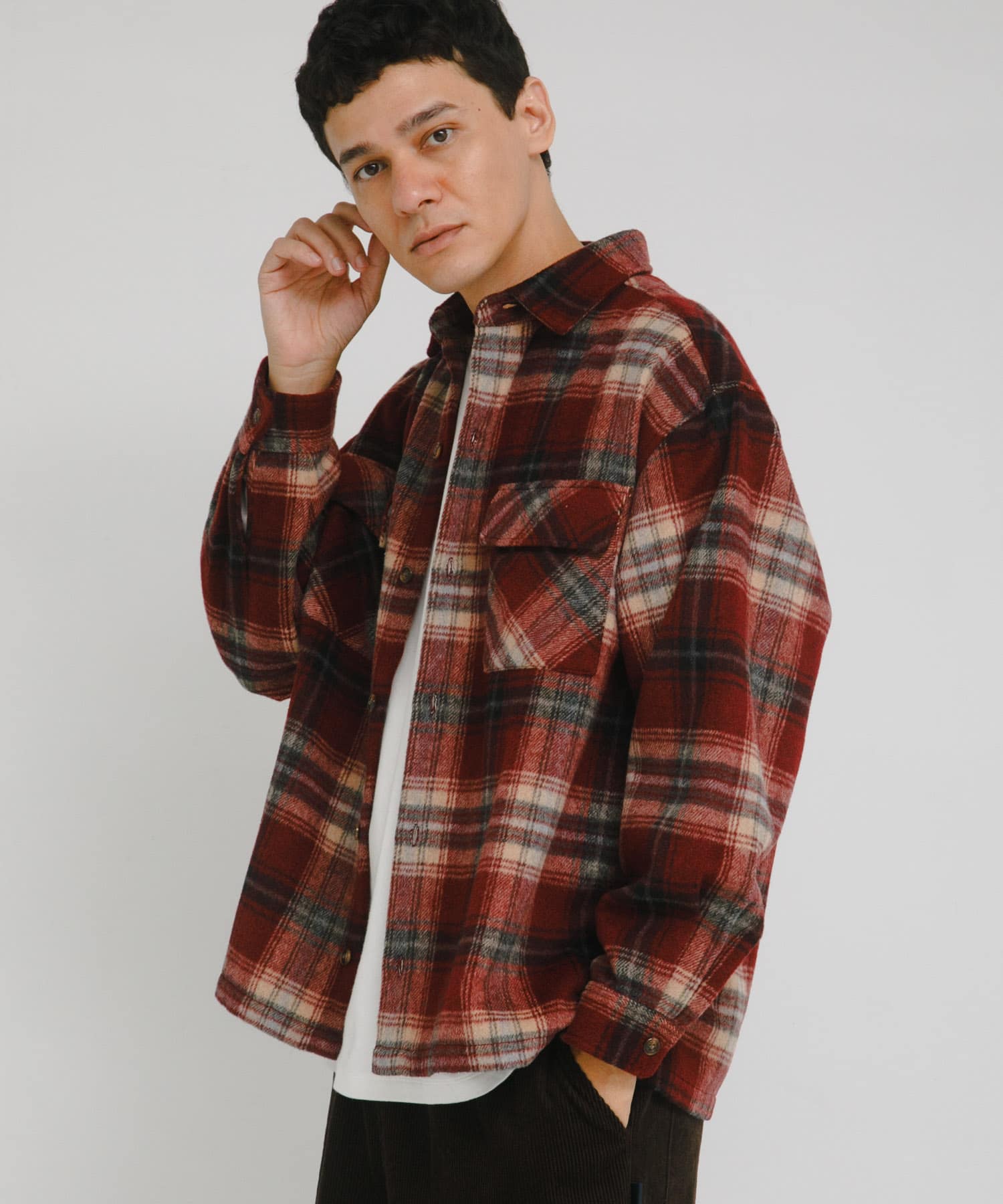 シャギーチェックダブルポケットシャツ