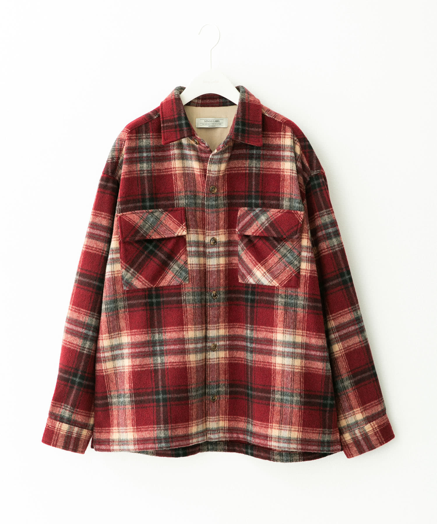 シャギーチェックダブルポケットシャツ レッド L