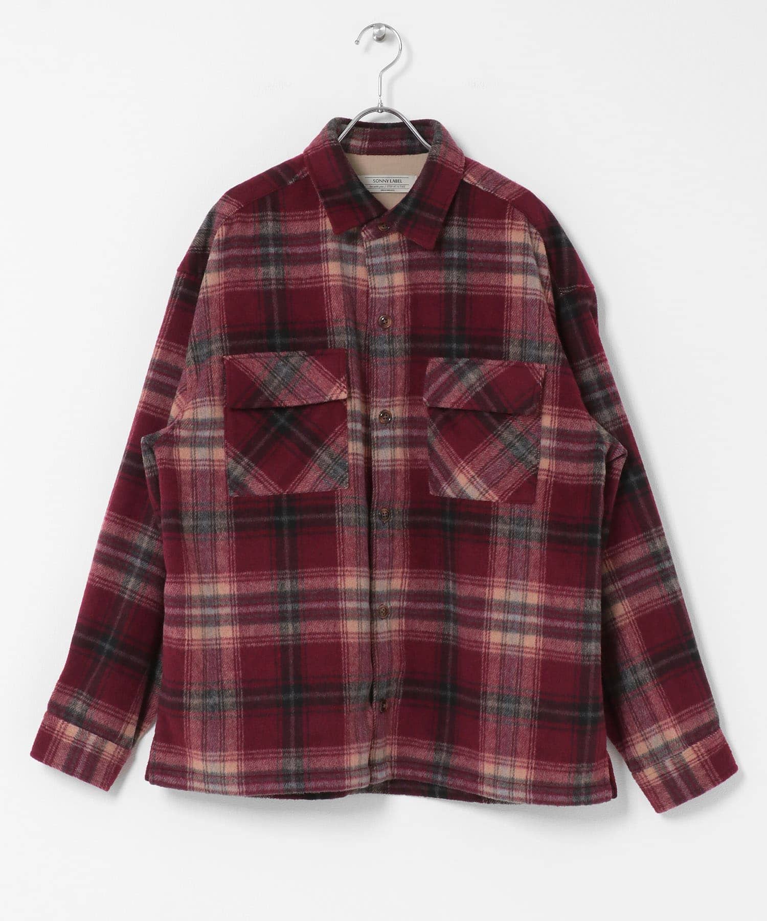 シャギーチェックダブルポケットシャツ レッド M