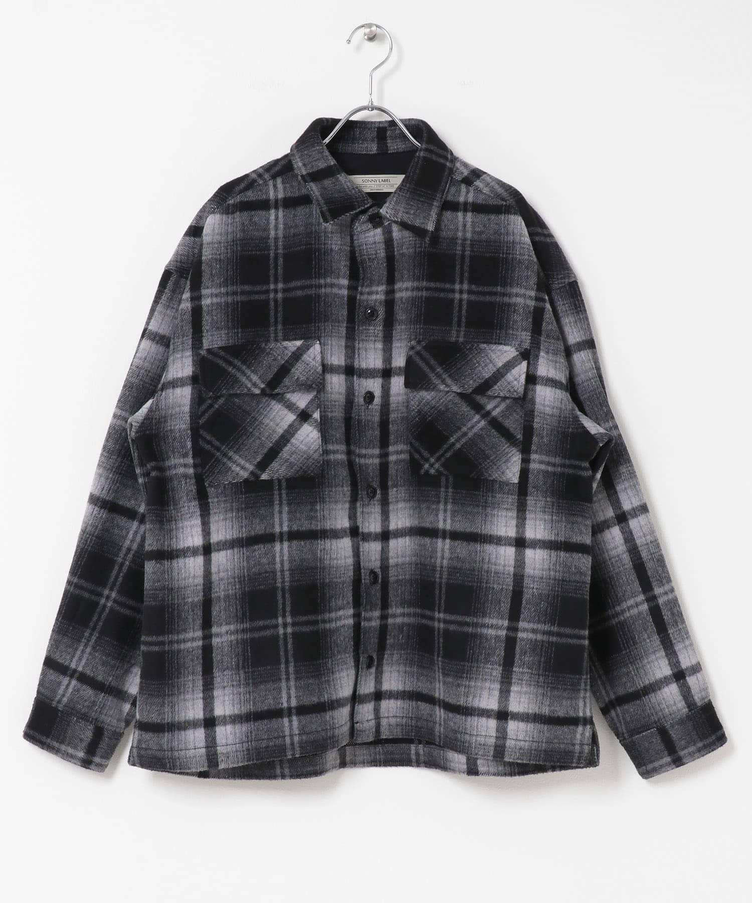 シャギーチェックダブルポケットシャツ ブラック M