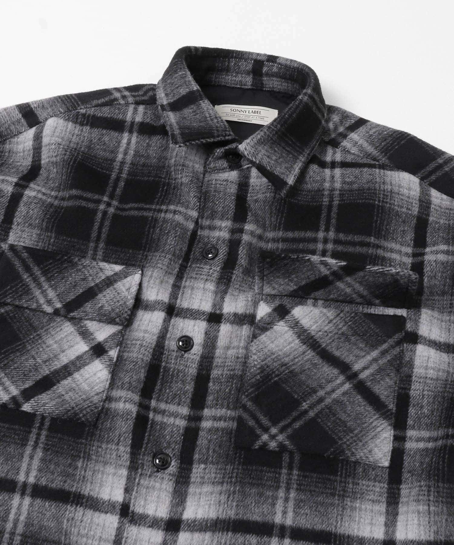 シャギーチェックダブルポケットシャツ ブラック M