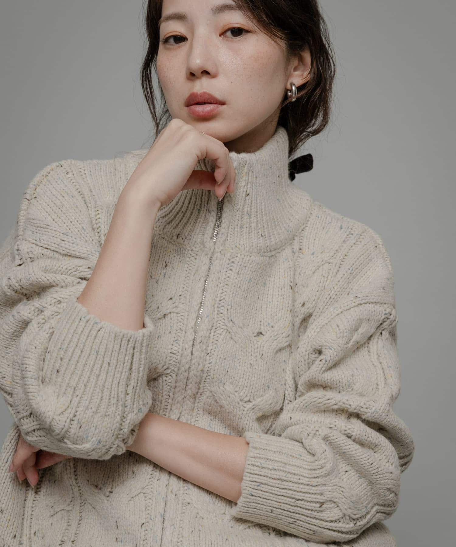 ウールケーブルニットジップブルゾン