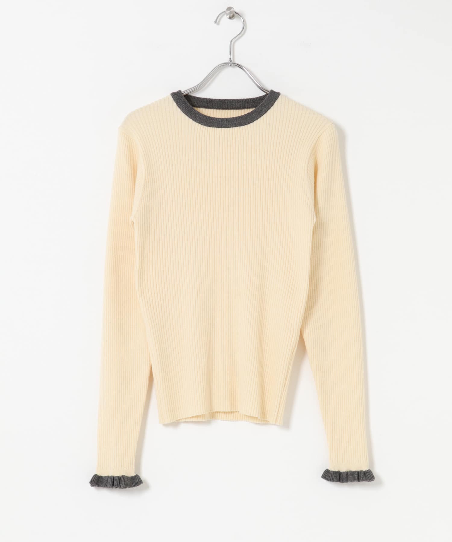 『洗濯可』袖口フリルクルーネックプルオーバー OFF×GRY Free