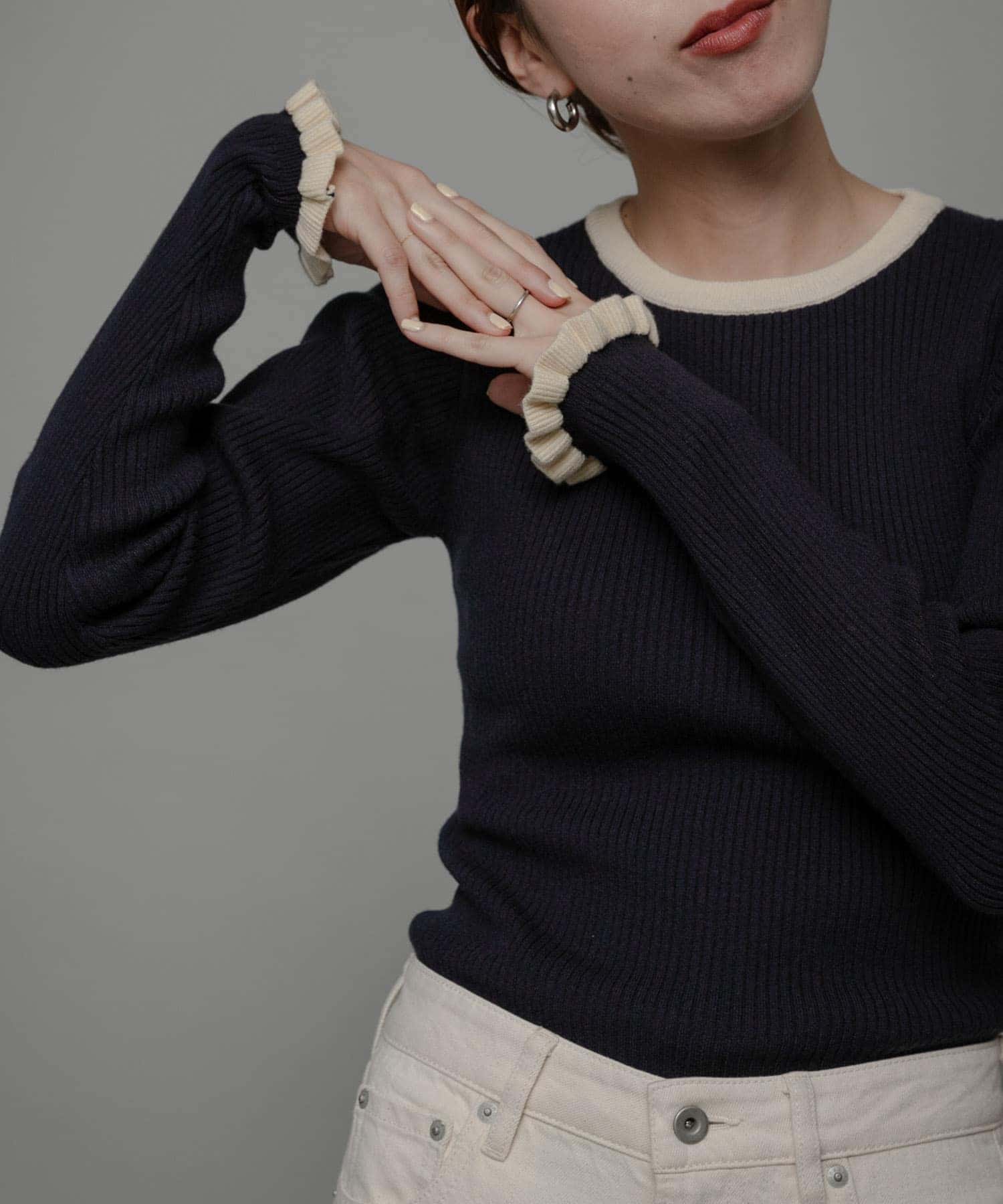 『洗濯可』袖口フリルクルーネックプルオーバー