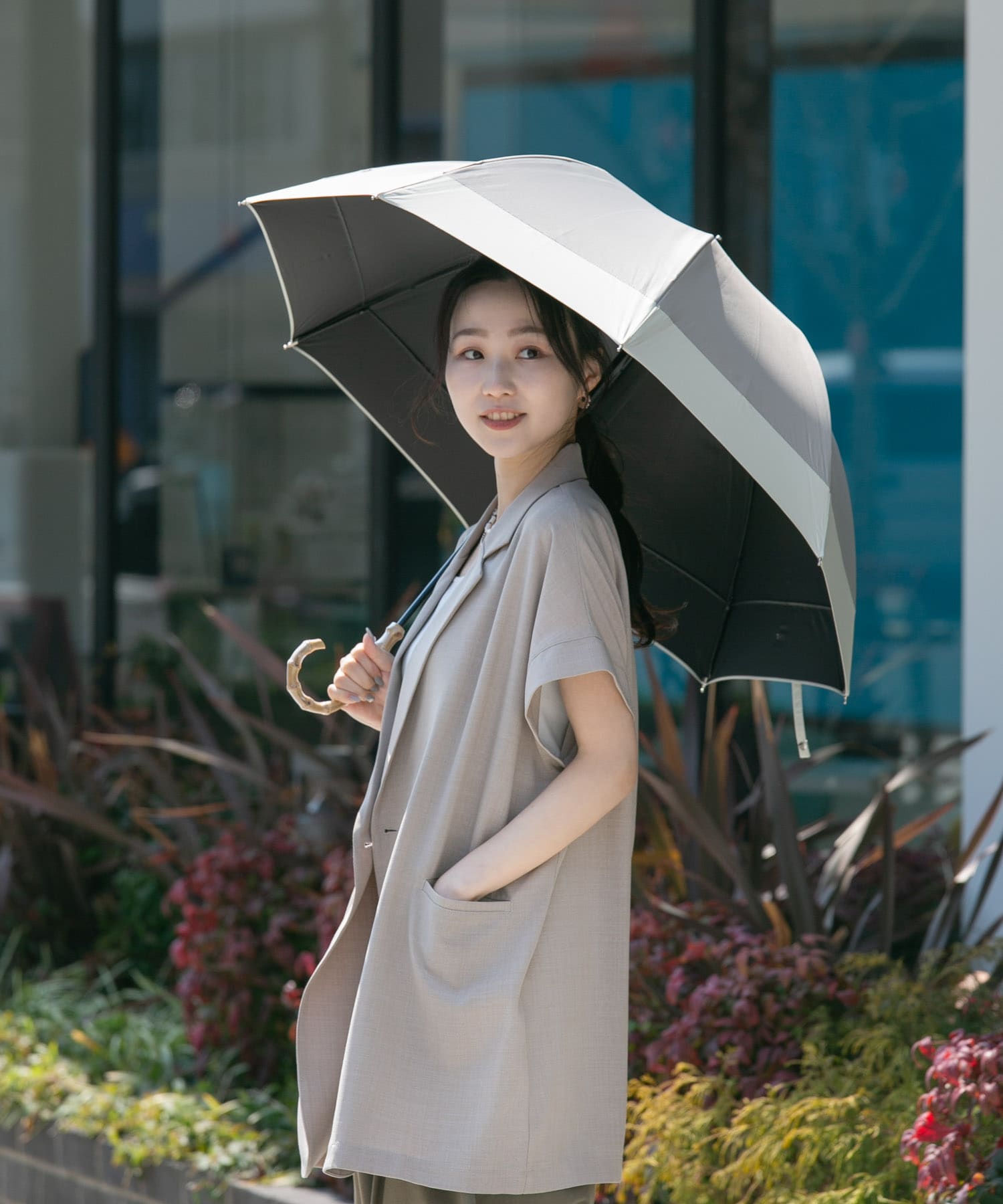 because　晴雨兼用バンブーハンドルバイカラー GRY FREE