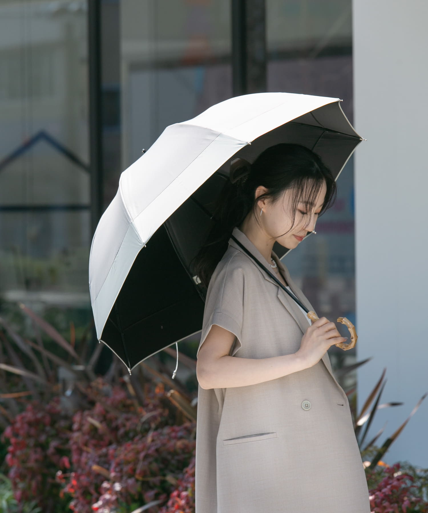 because　晴雨兼用バンブーハンドルバイカラー GRY FREE