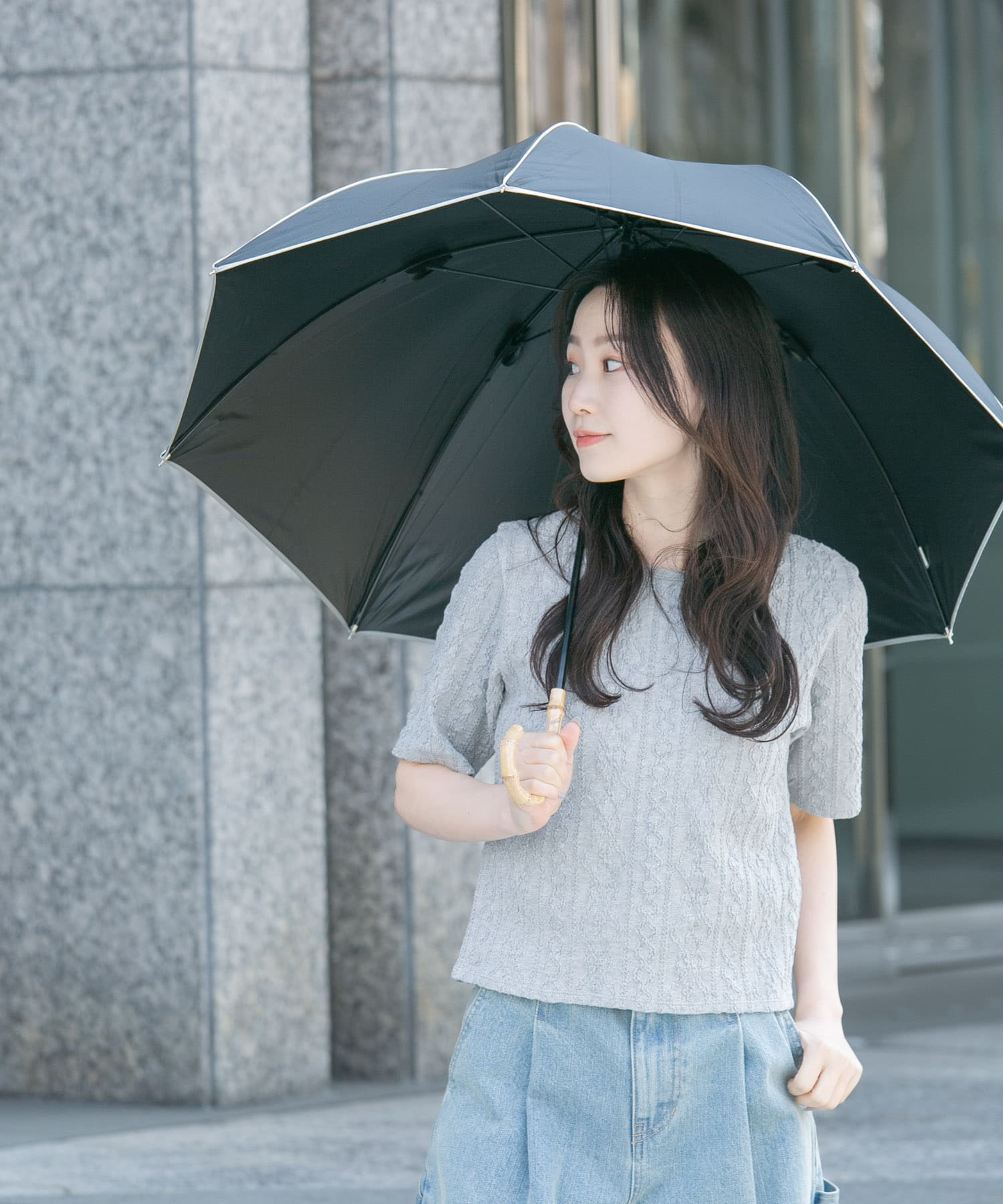 because　晴雨兼用パイピング長傘 BLK FREE