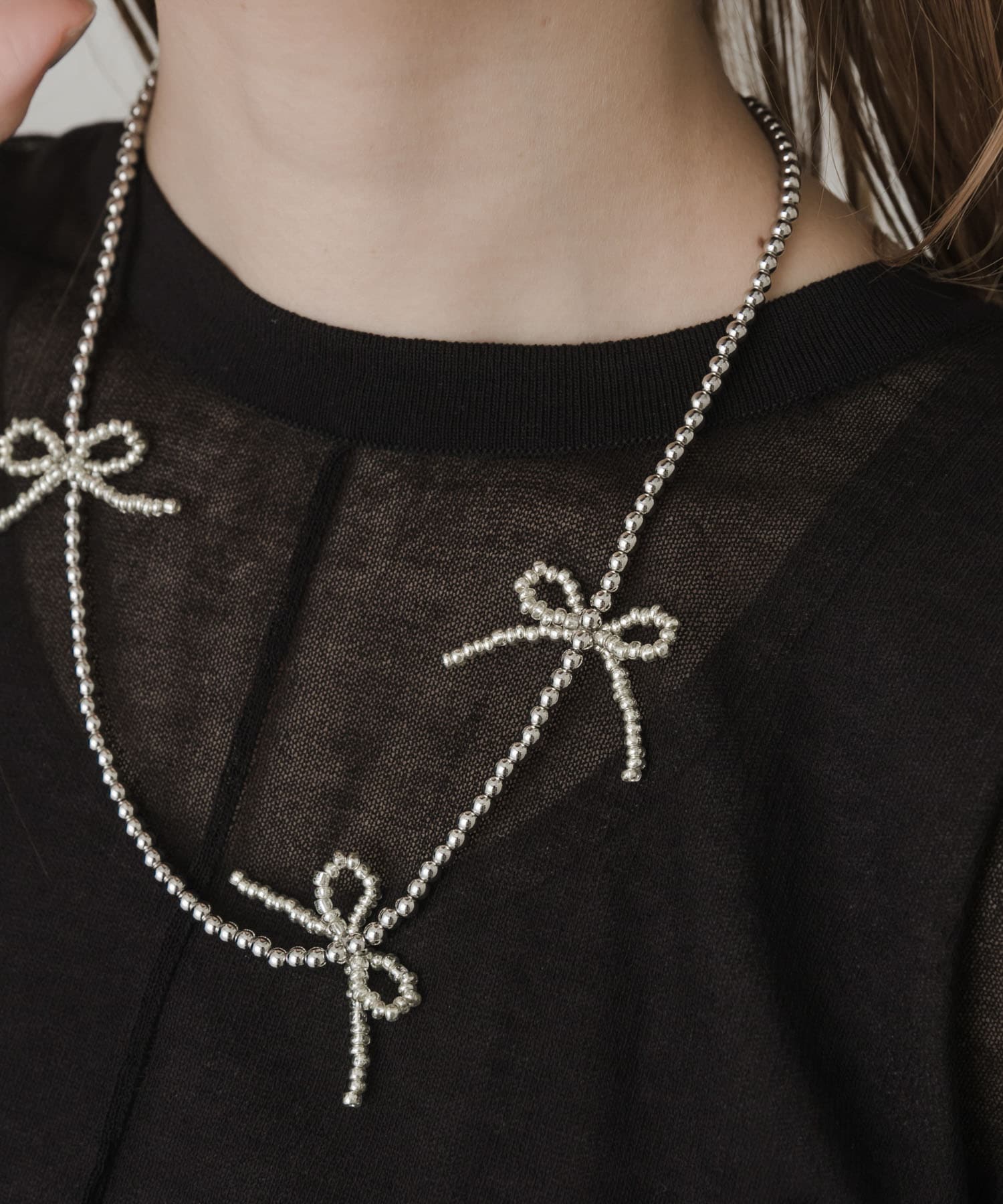 メタルビーズリボンネックレス SLV -