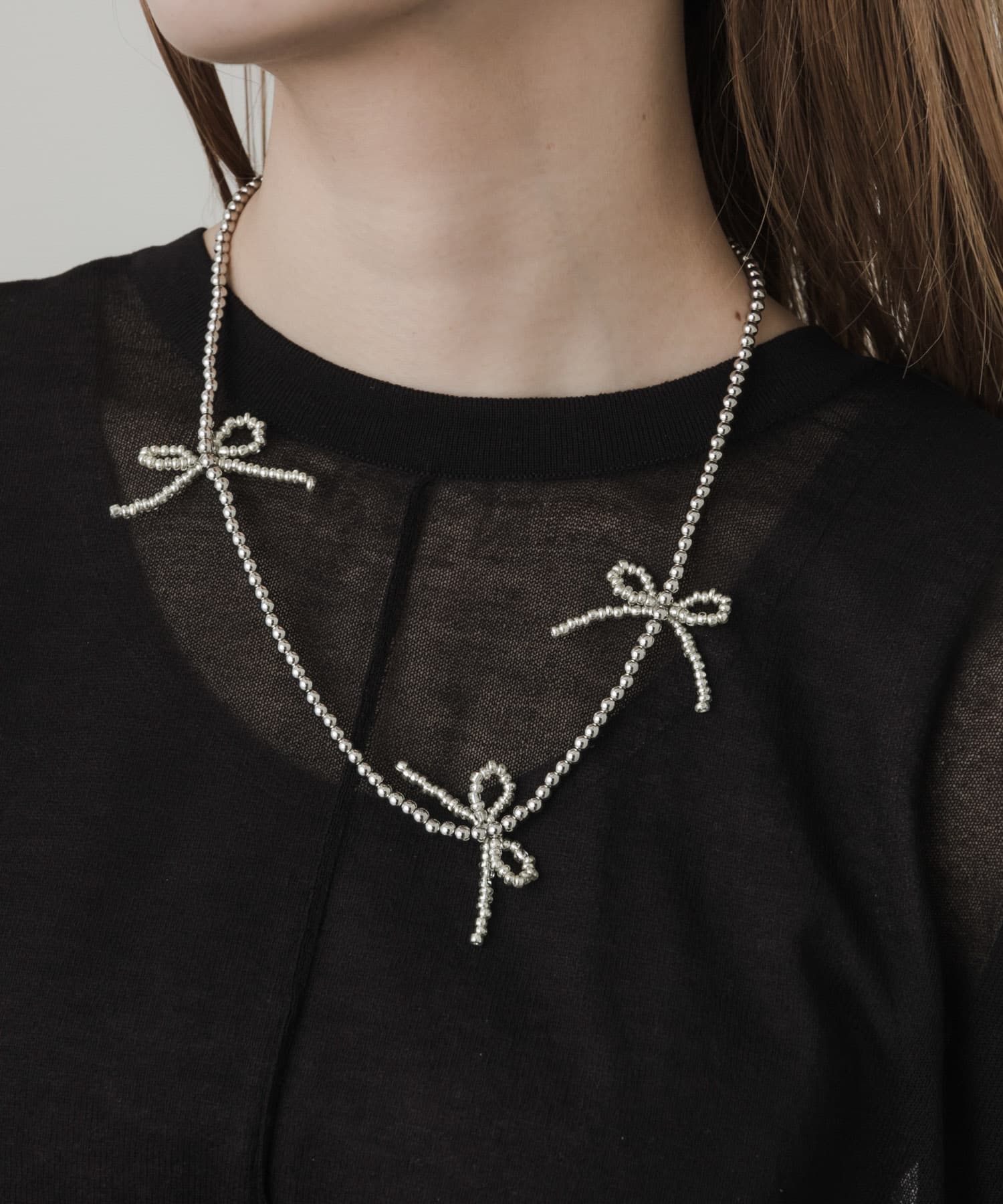 メタルビーズリボンネックレス SLV -