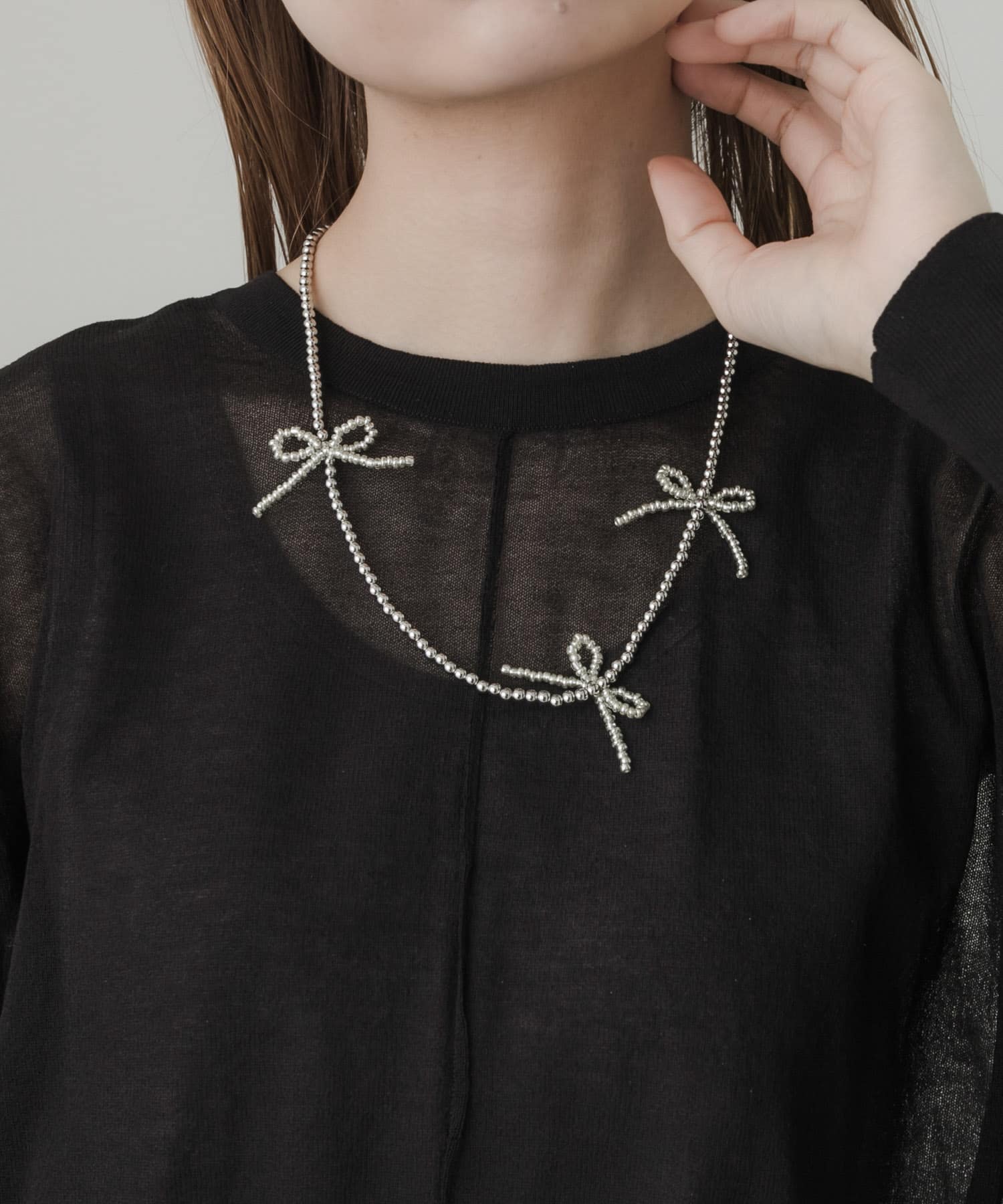 メタルビーズリボンネックレス SLV -