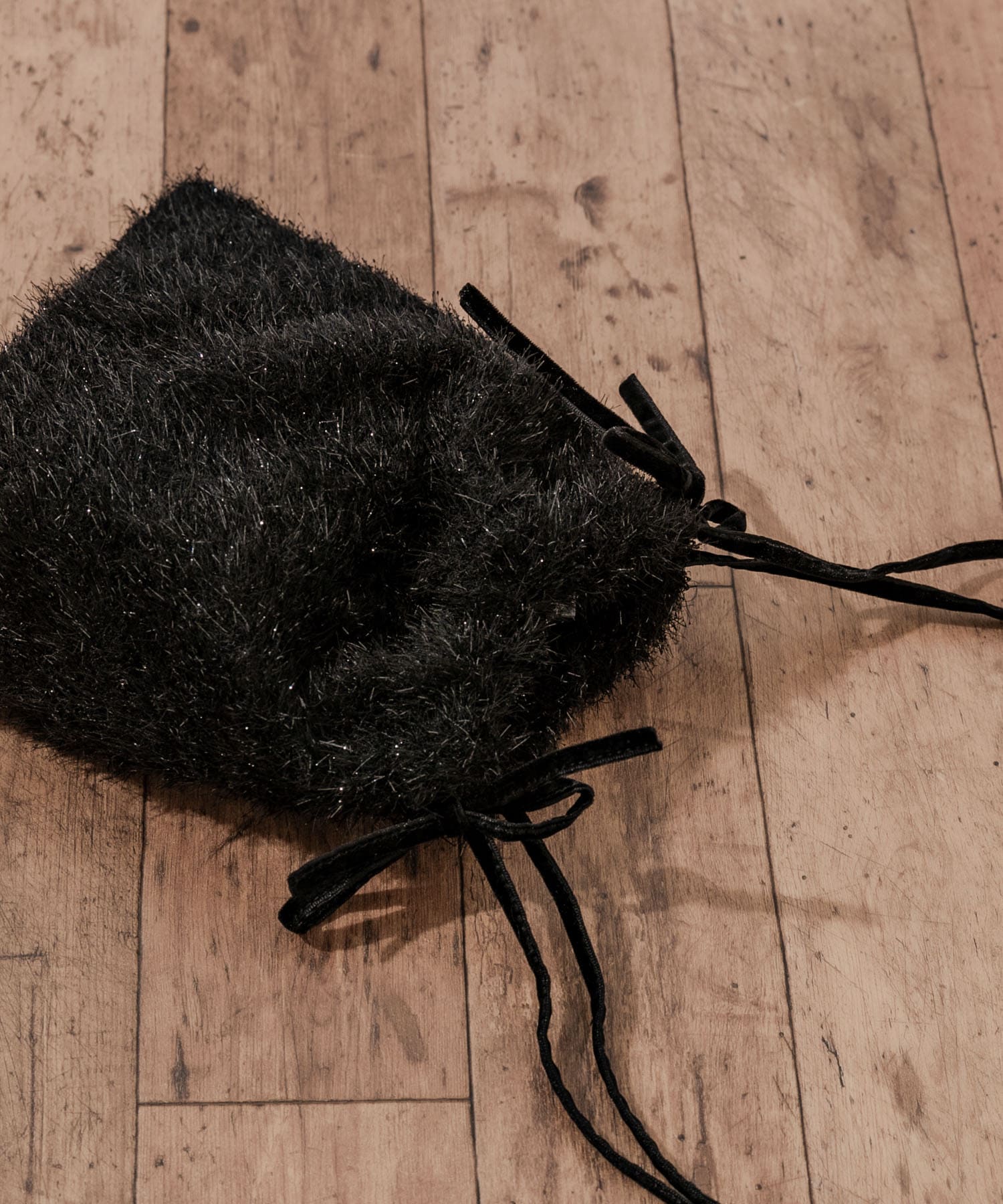 フリンジリボンキンチャクバッグ BLK -