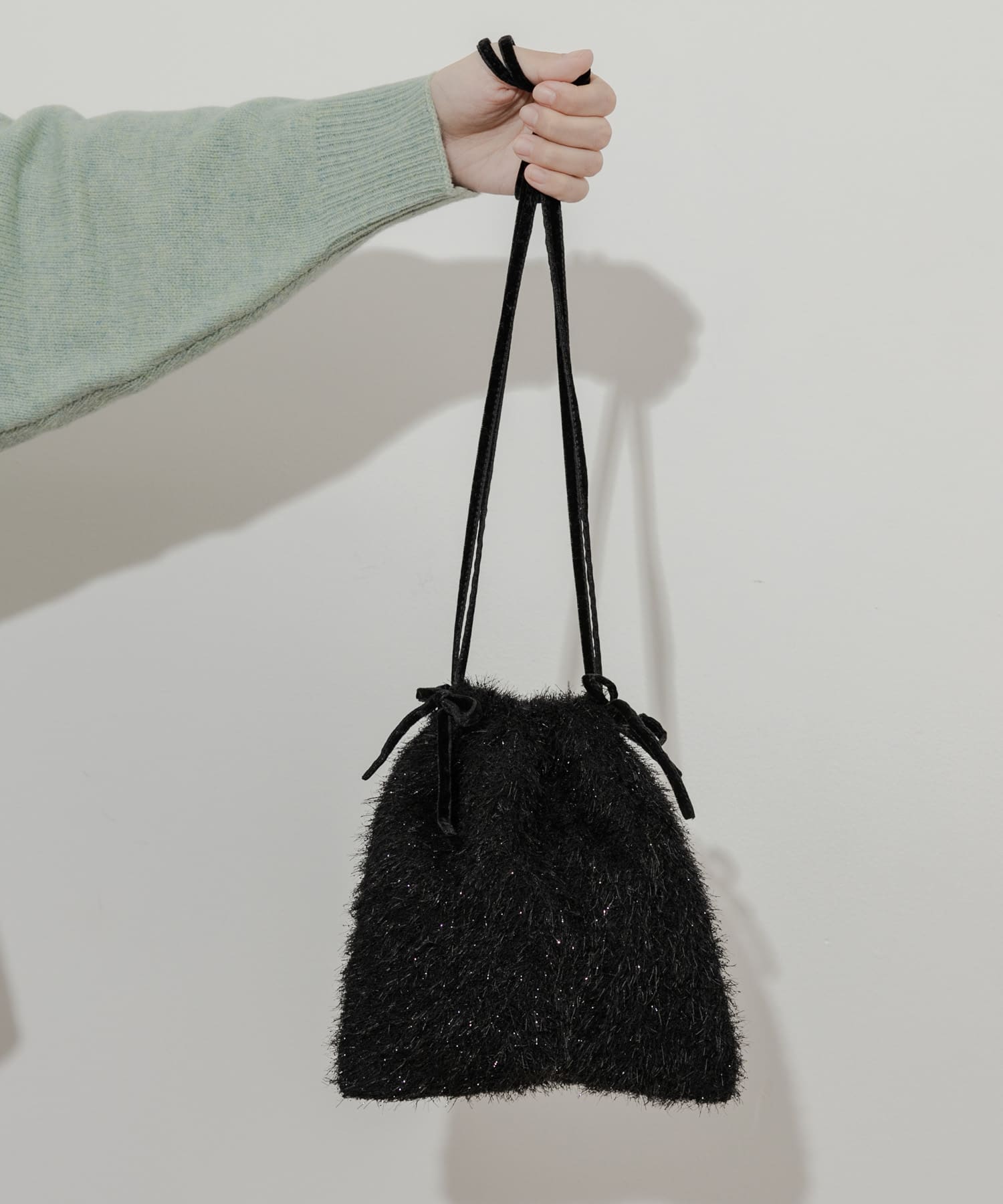 フリンジリボンキンチャクバッグ BLK -