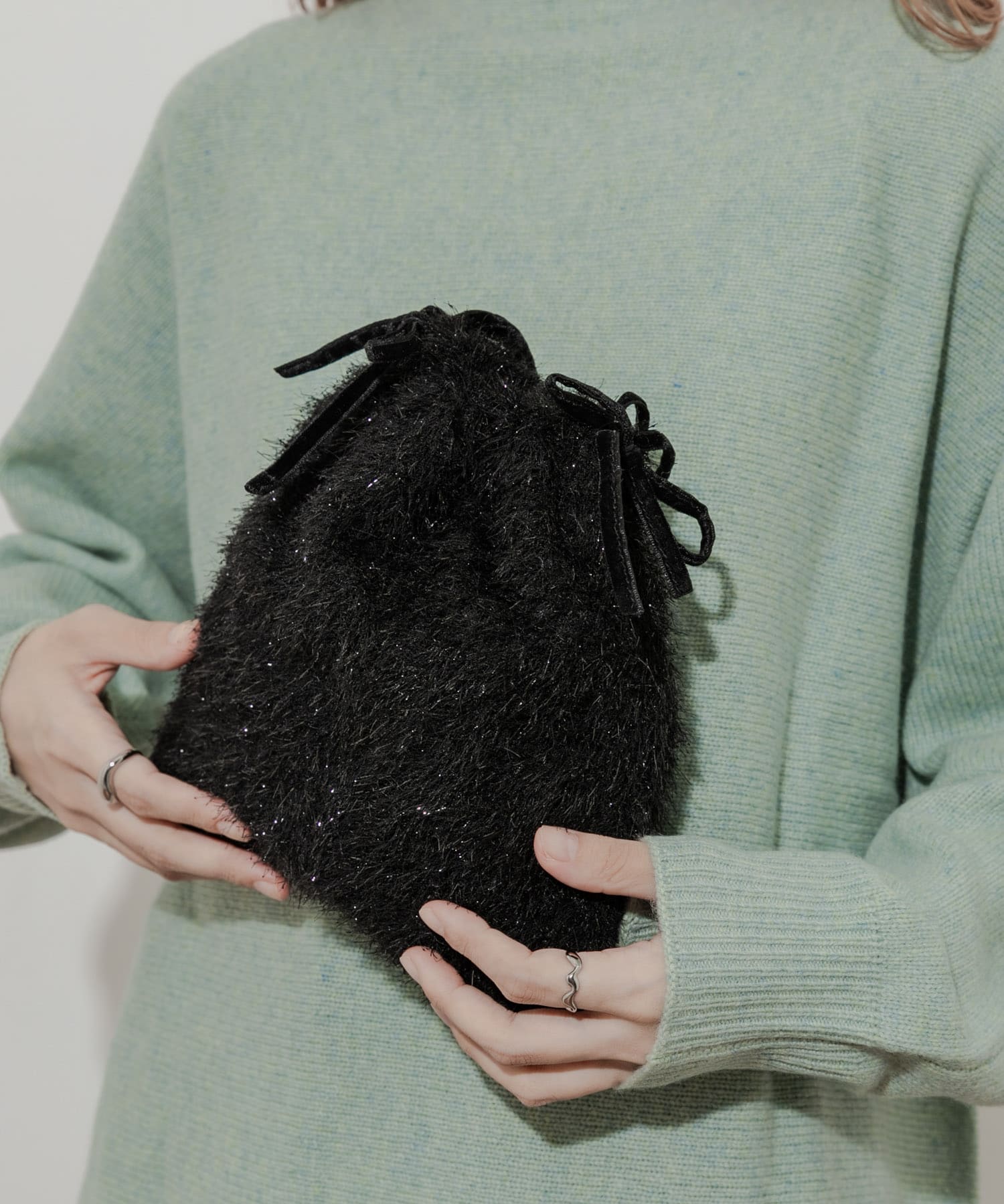 フリンジリボンキンチャクバッグ BLK -