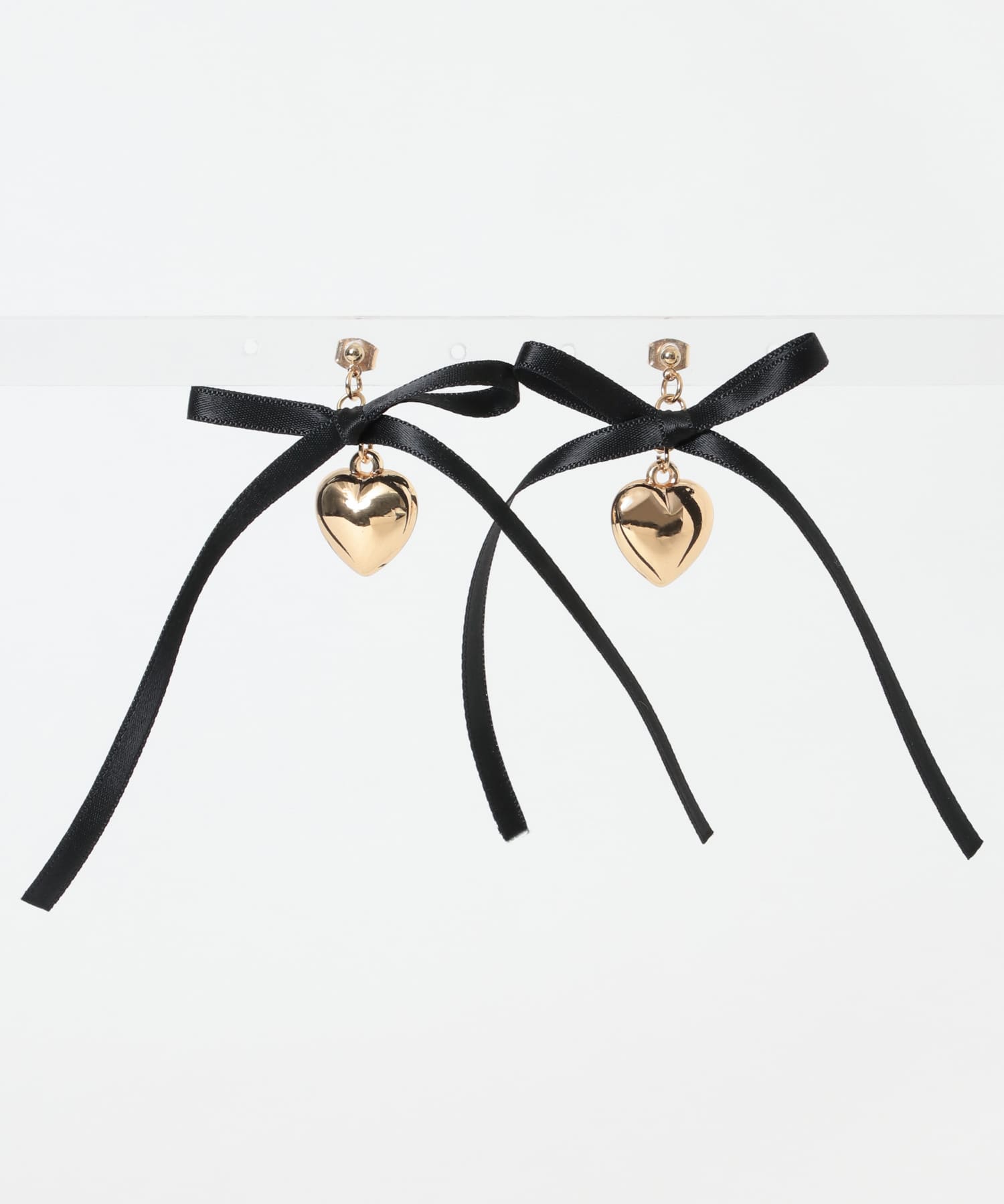 サテンリボンハートピアス GLD/BLK -