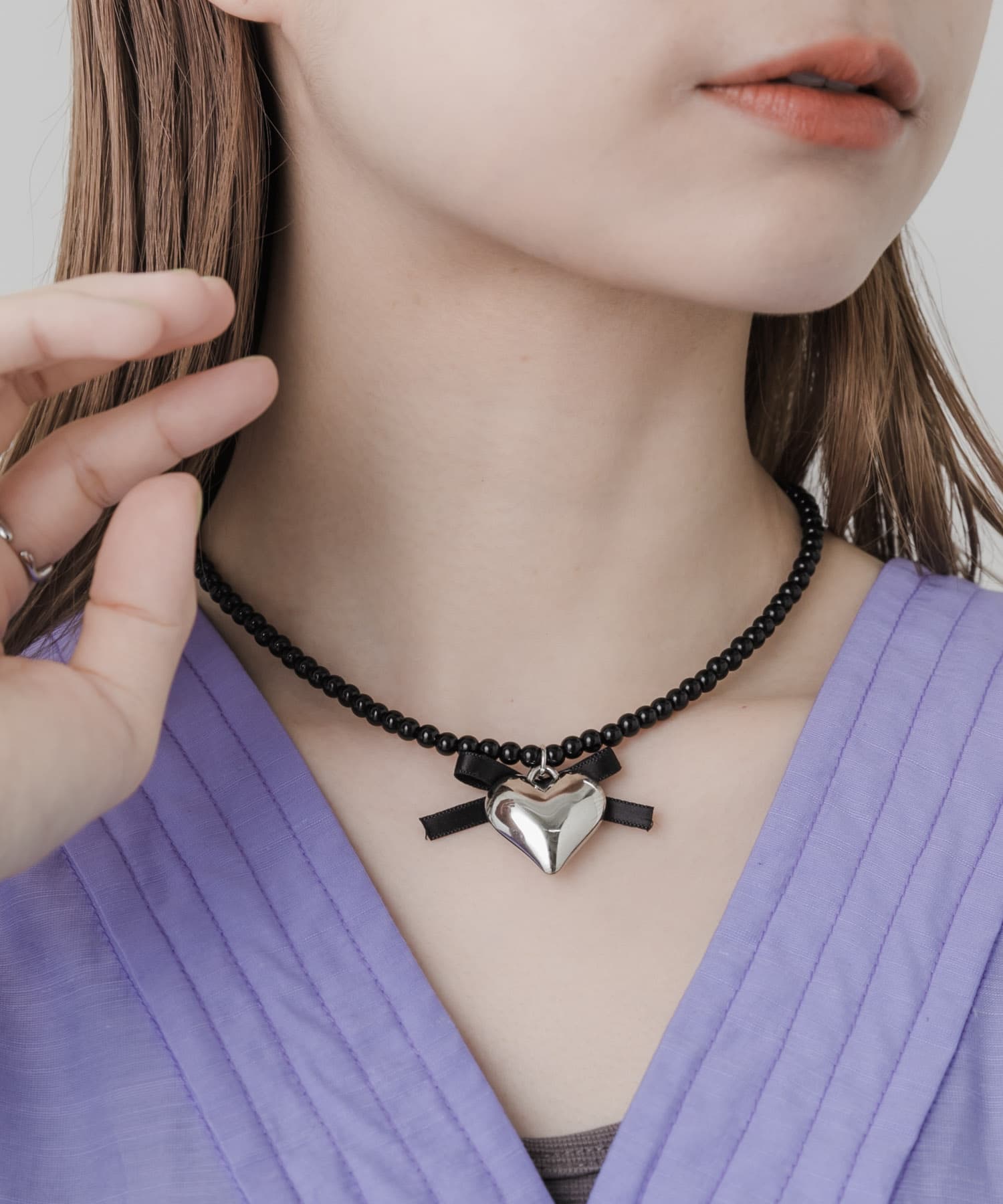 ハートリボンチョーカーネックレス SLV/BLK -