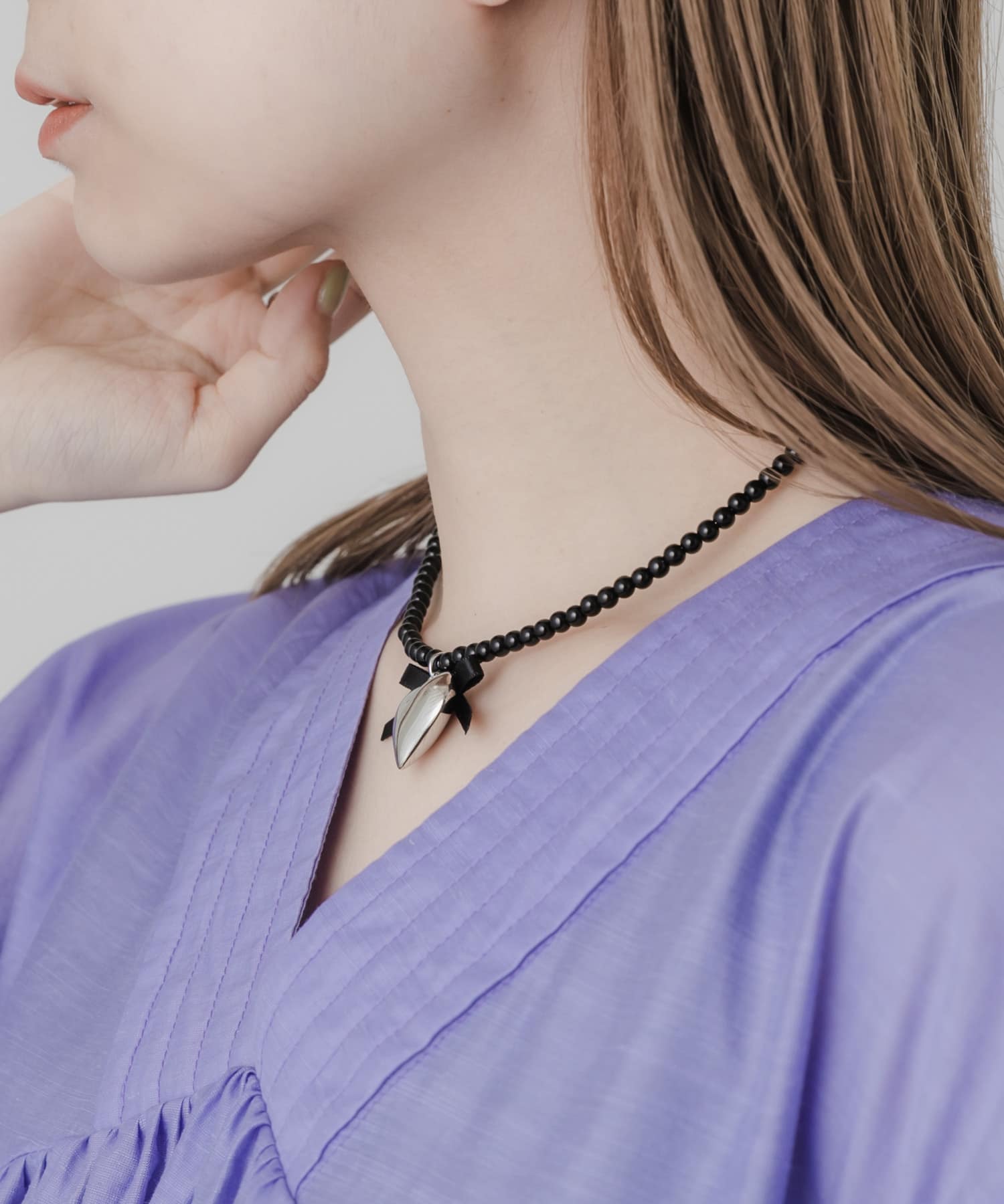 ハートリボンチョーカーネックレス SLV/BLK -