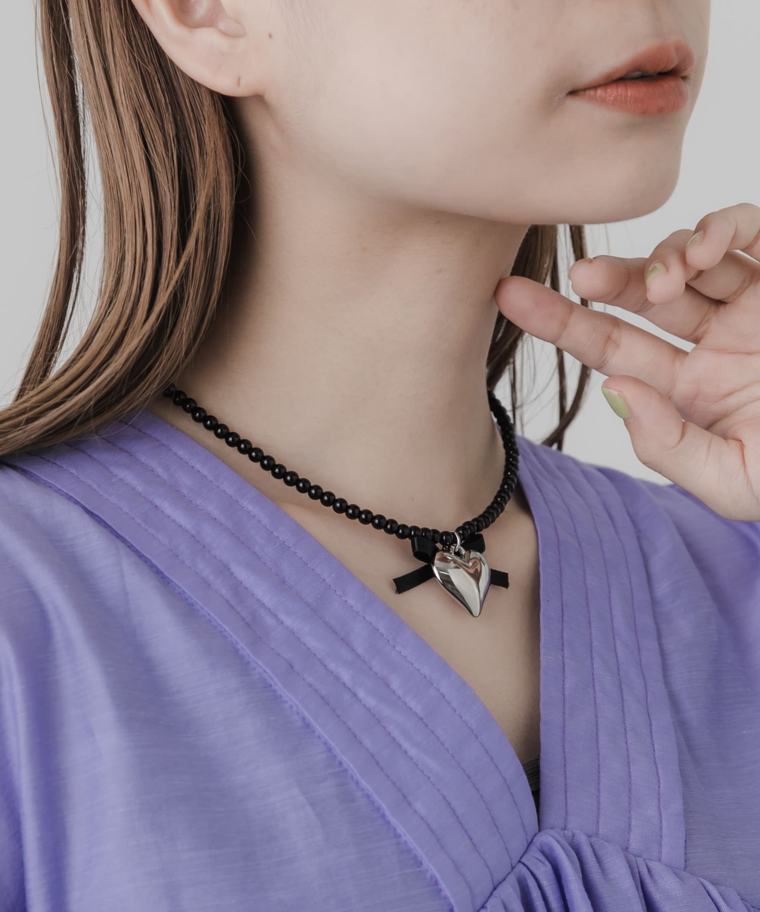 ハートリボンチョーカーネックレス SLV/BLK -