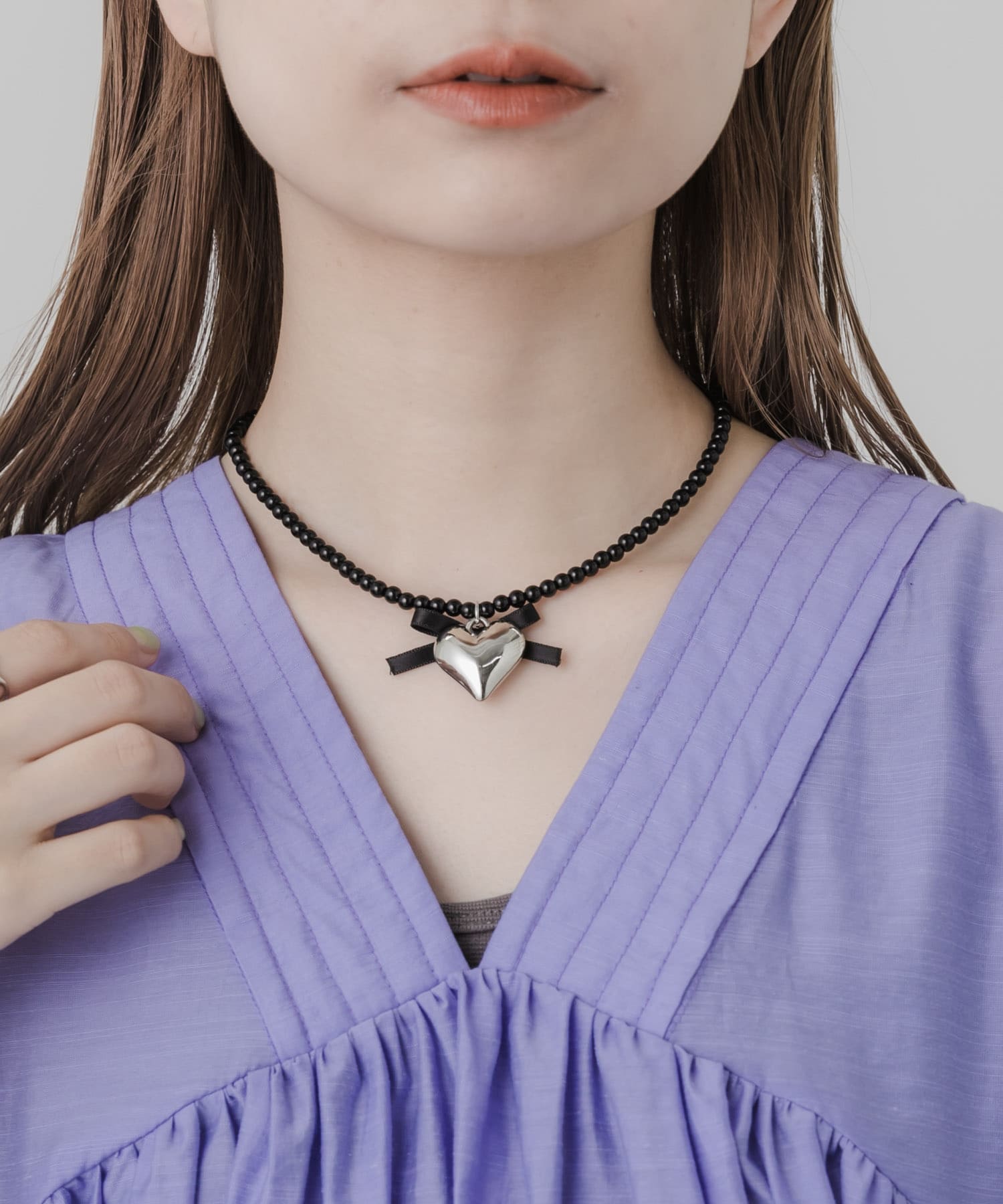 ハートリボンチョーカーネックレス SLV/BLK -