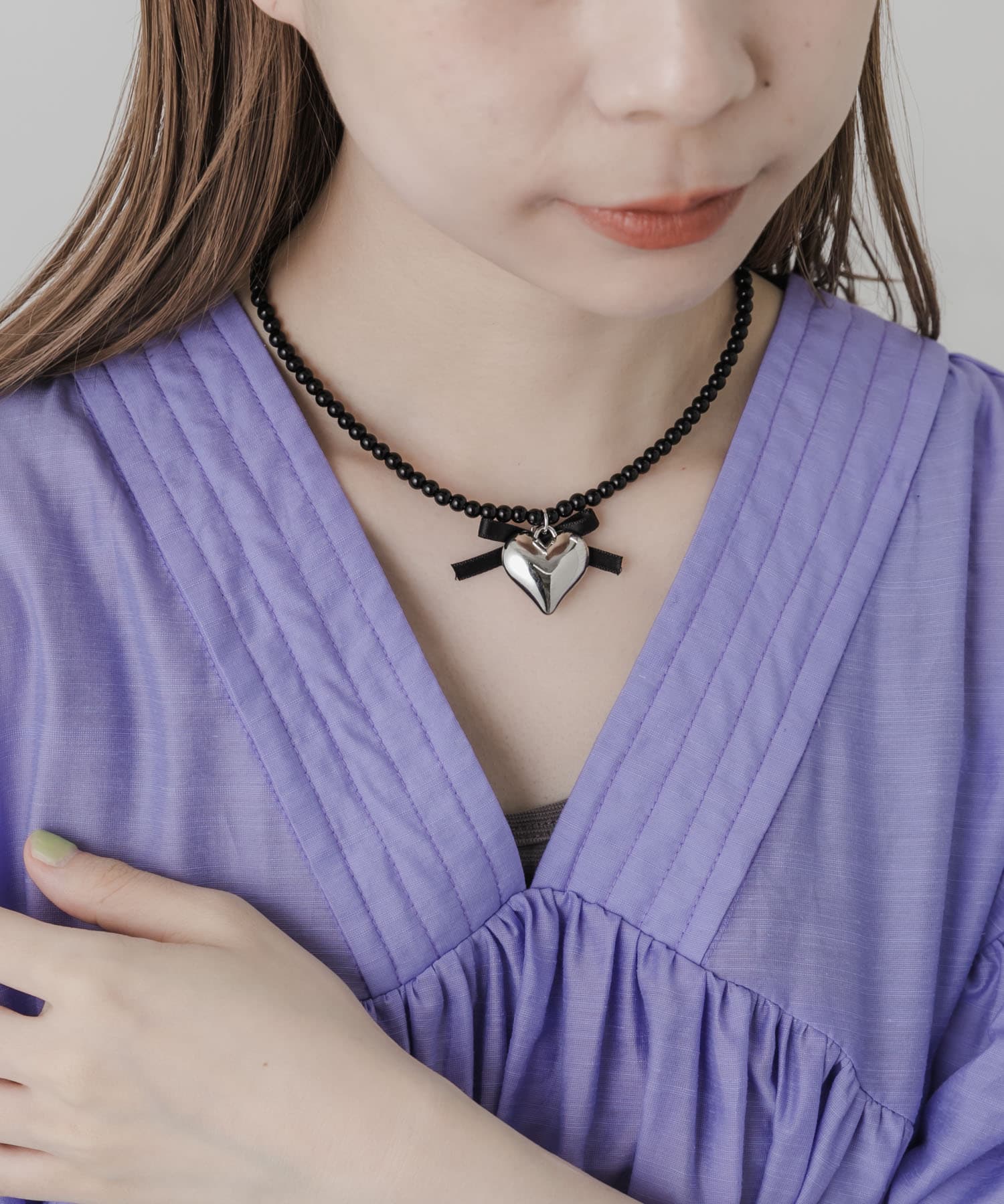 ハートリボンチョーカーネックレス SLV/BLK -