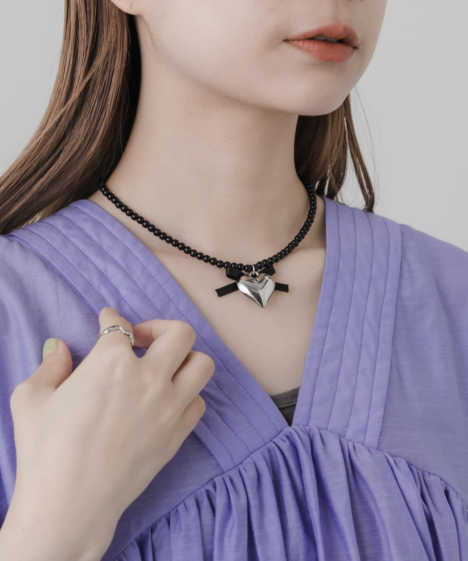 ハートリボンチョーカーネックレス SLV/BLK -