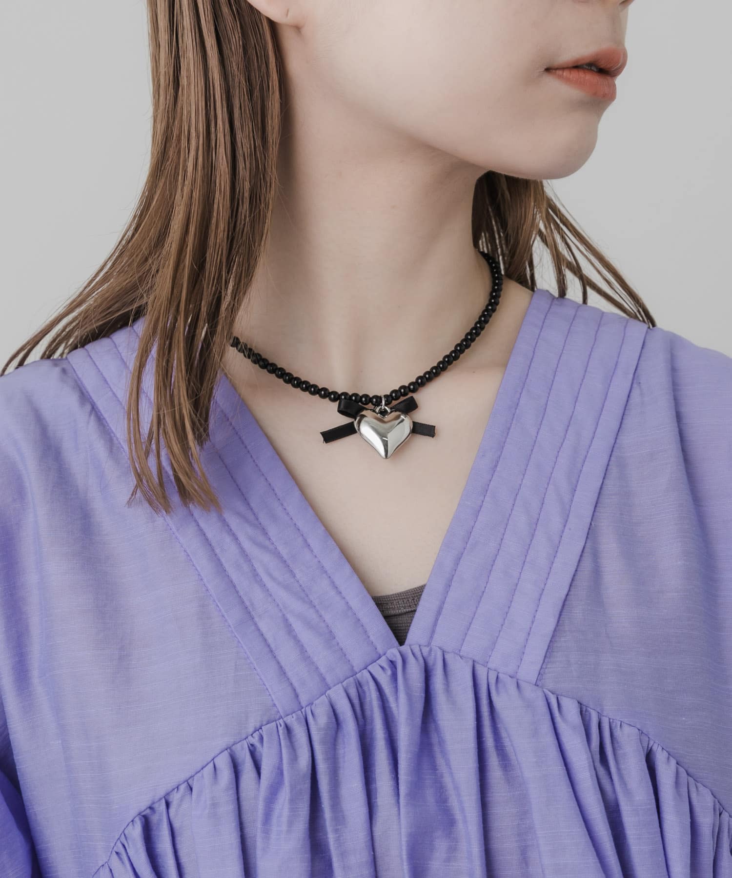 ハートリボンチョーカーネックレス SLV/BLK -