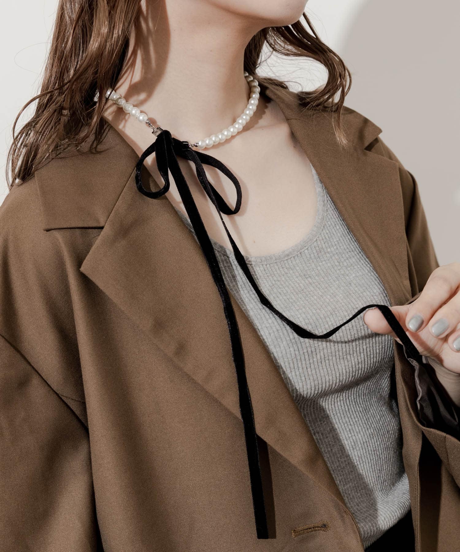 ベロアリボンパールネックレス BLK/IVO -