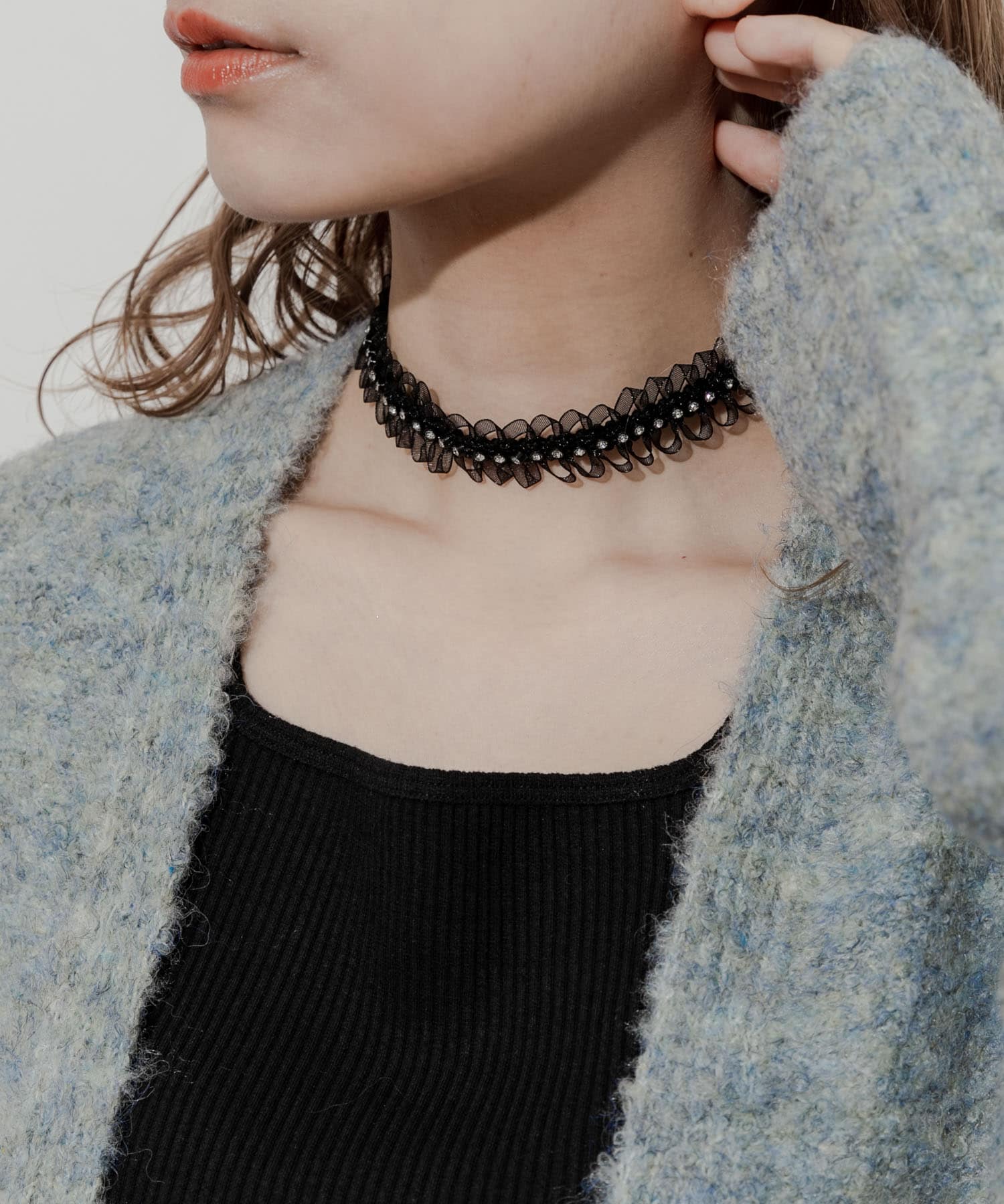 ビジューレースチョーカーネックレス BLK -