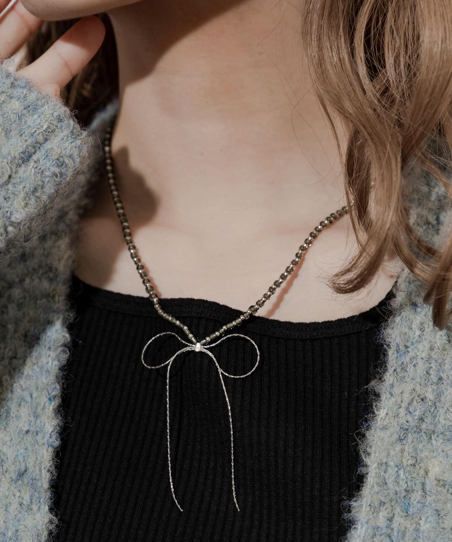 トップリボンミクスチャービーズネックレス SLV/GLD -