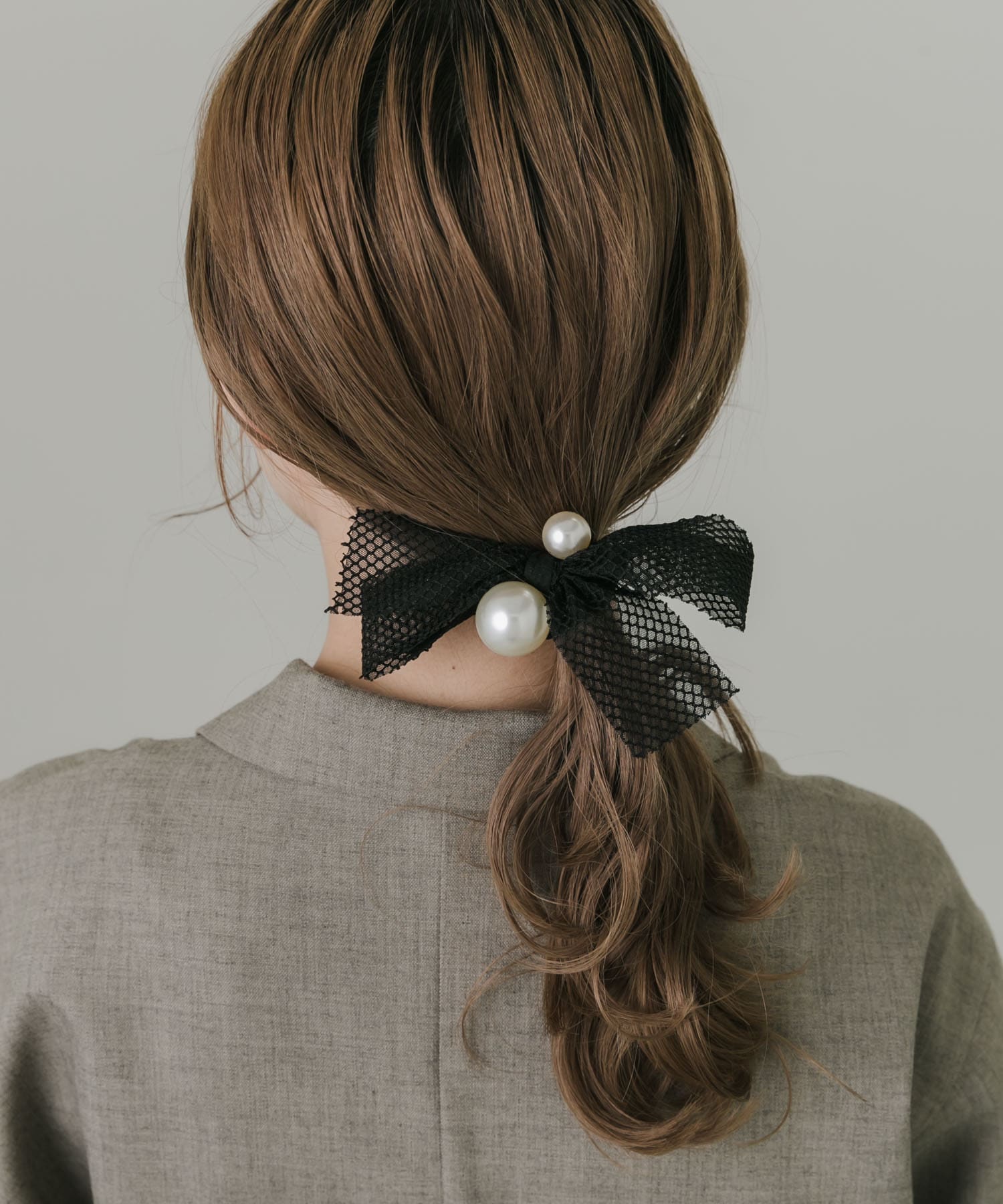 ビッグパールメッシュリボンヘアゴム BLK -