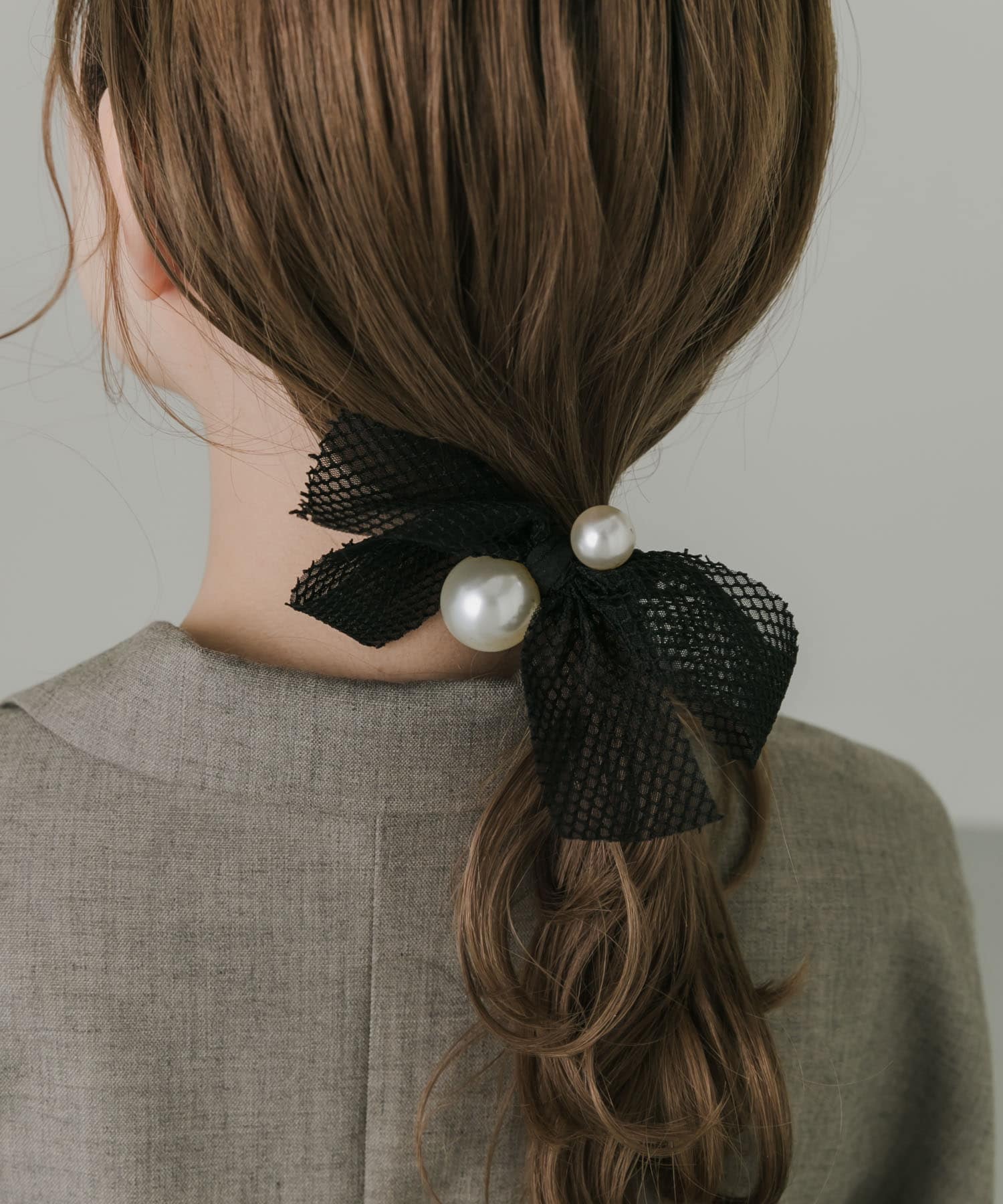 ビッグパールメッシュリボンヘアゴム BLK -