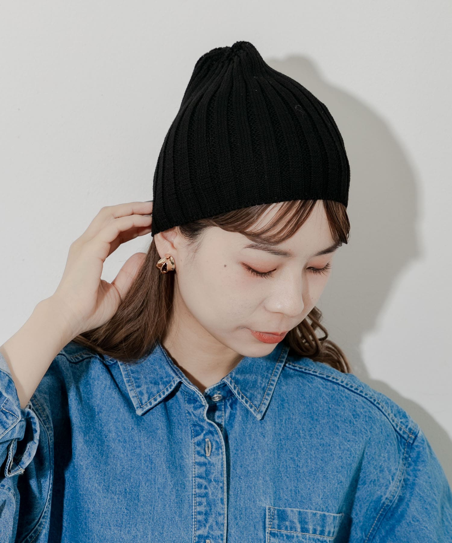 コットンリネンリブビーニー BLK -