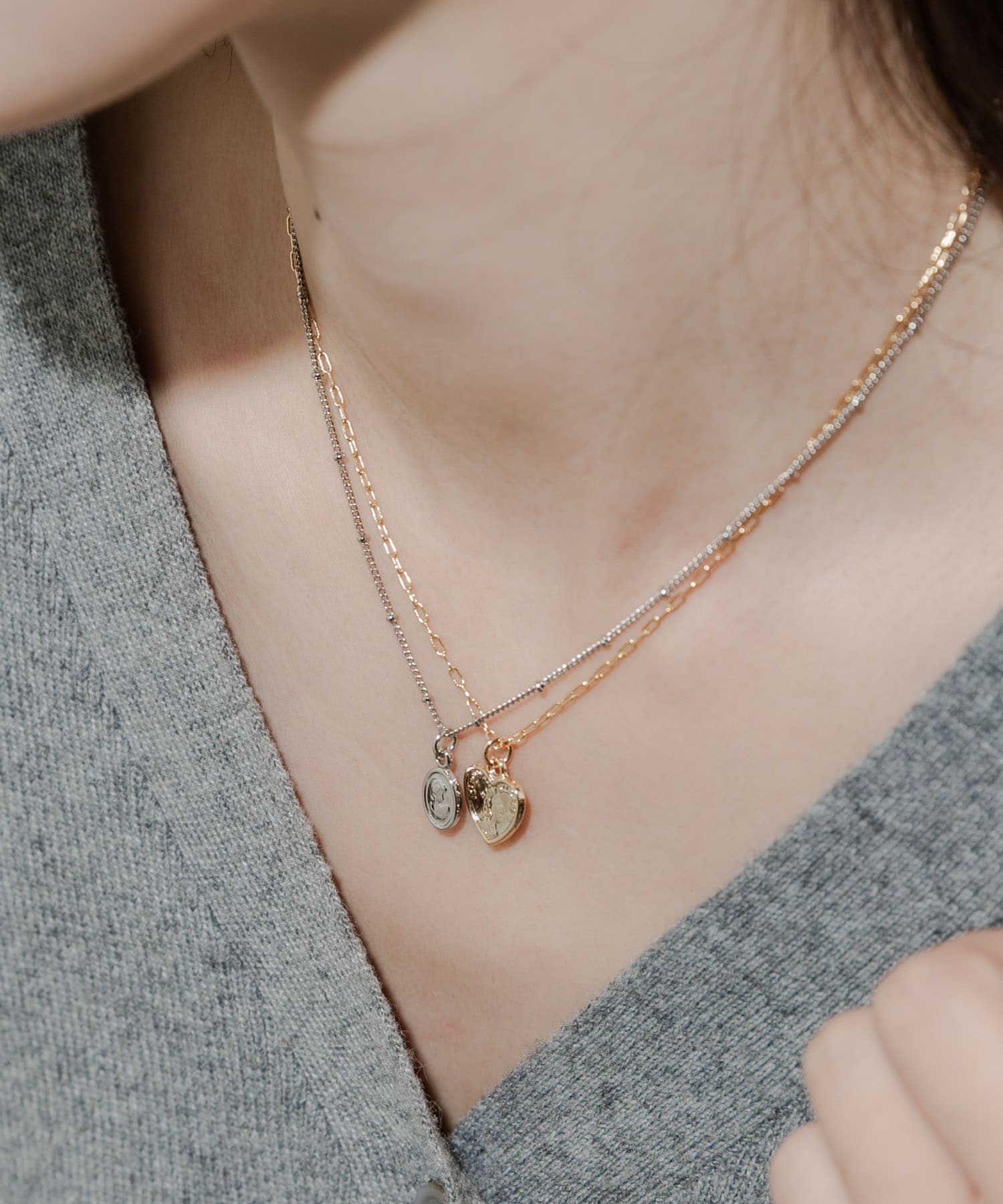 ハートコイン2セットネックレス GLD/SLV -