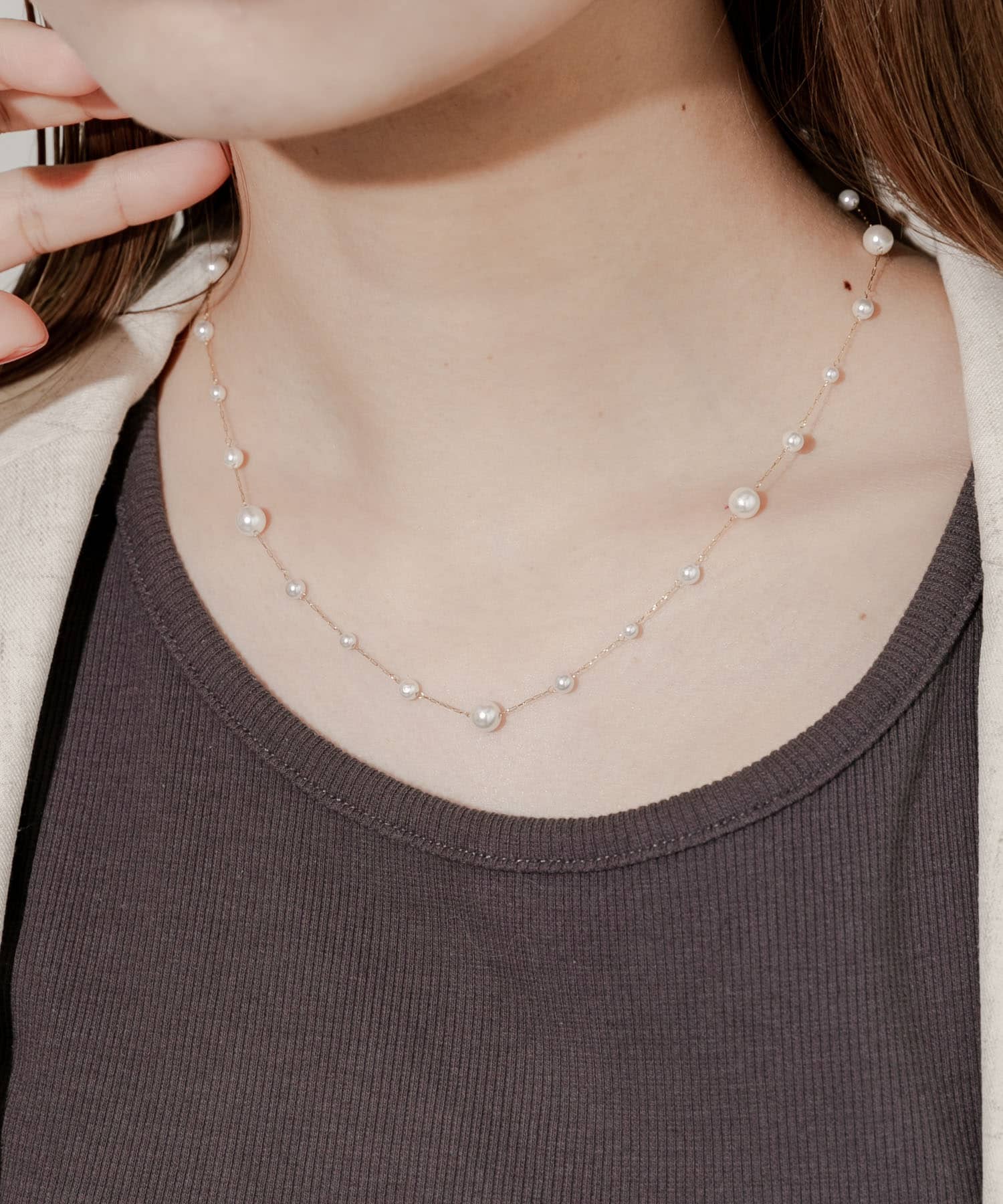 ステンレスパールチェーンネックレス WHT -