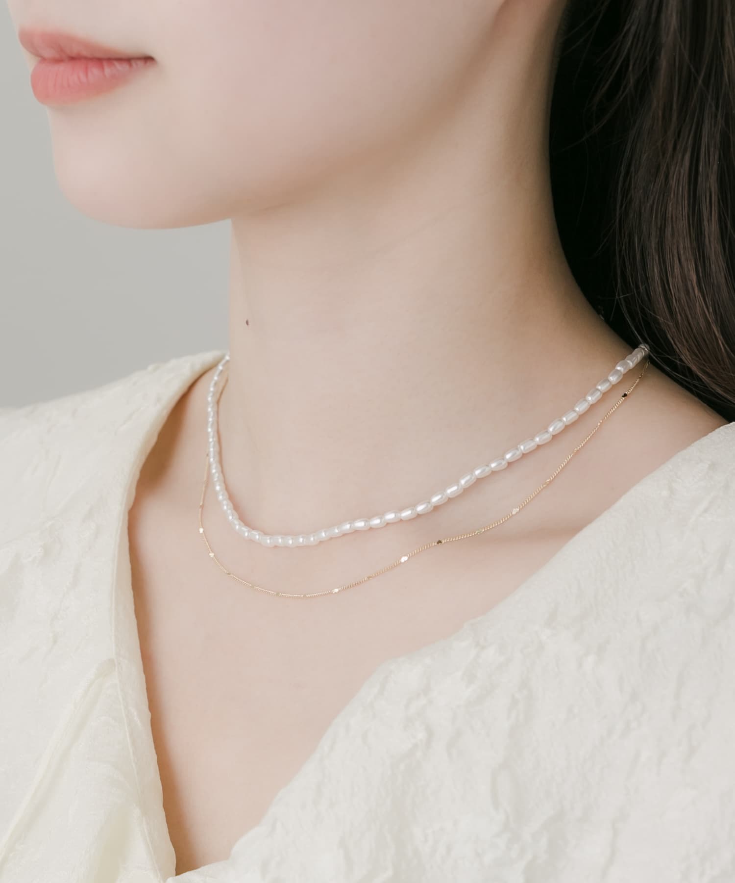 パールハートチェーンレイヤードネックレス