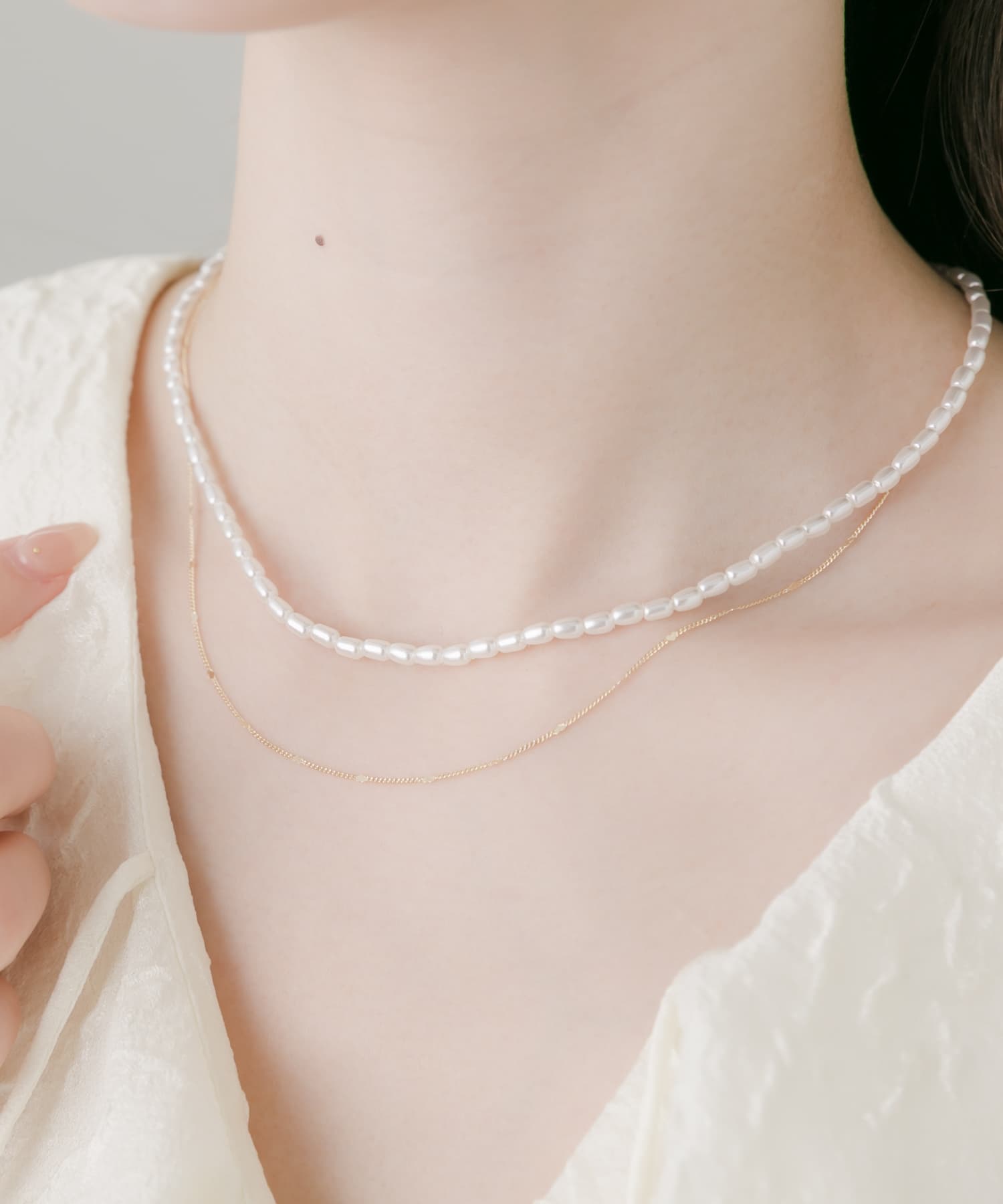 パールハートチェーンレイヤードネックレス GLD/IVO -