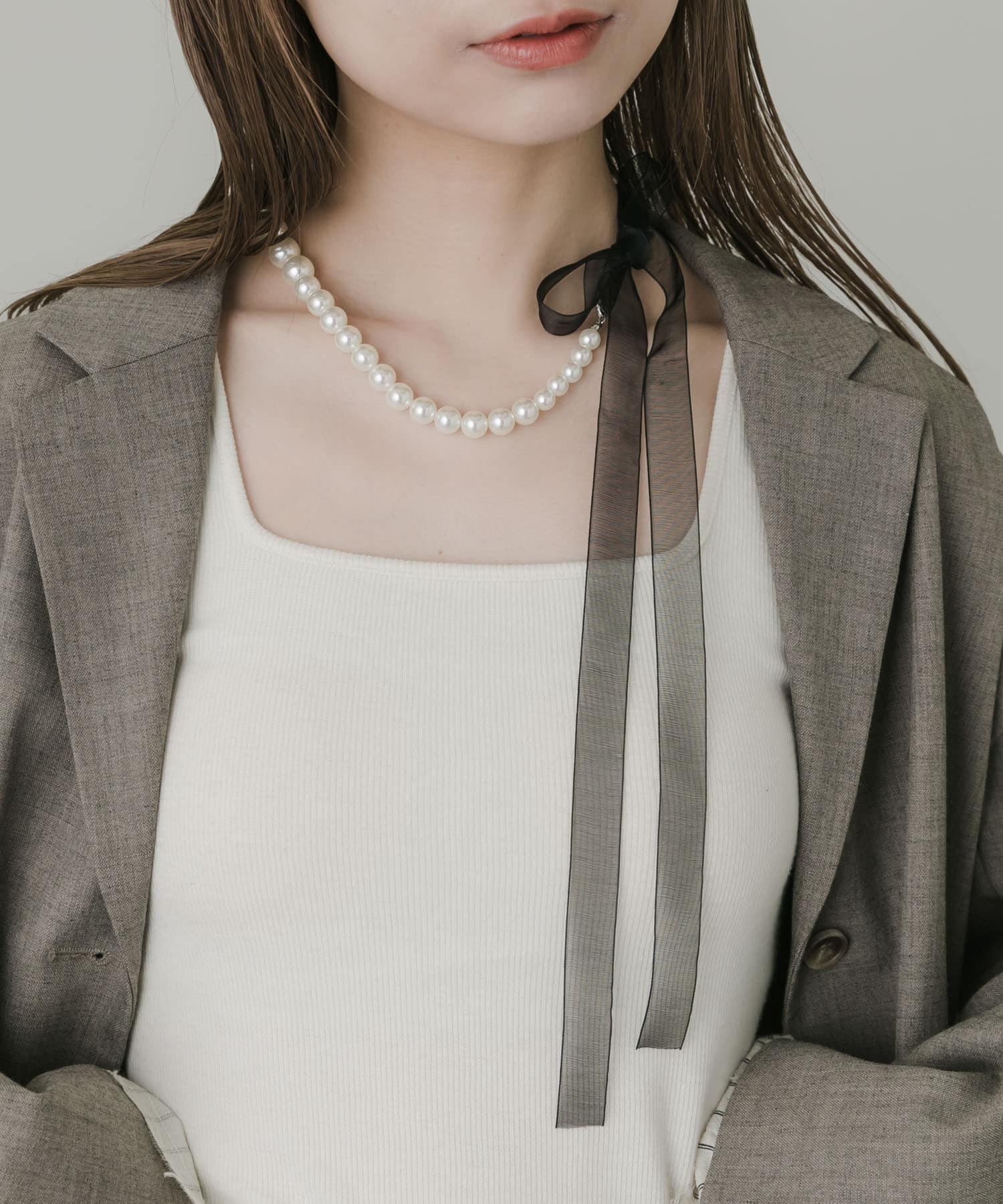 シアーリボンパールネックレス BLK/IVO -