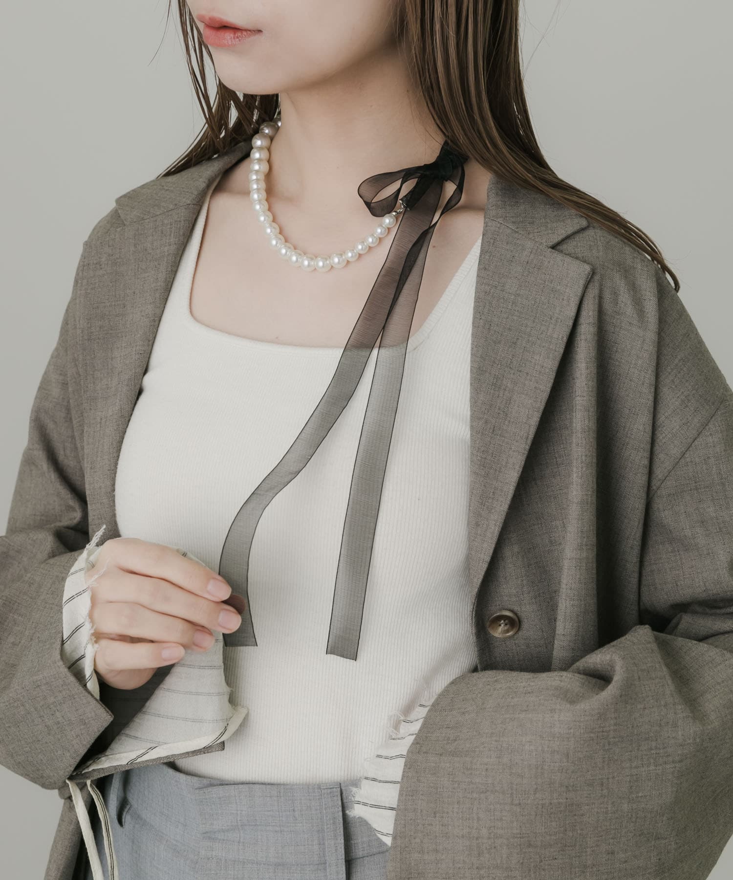 シアーリボンパールネックレス BLK/IVO -