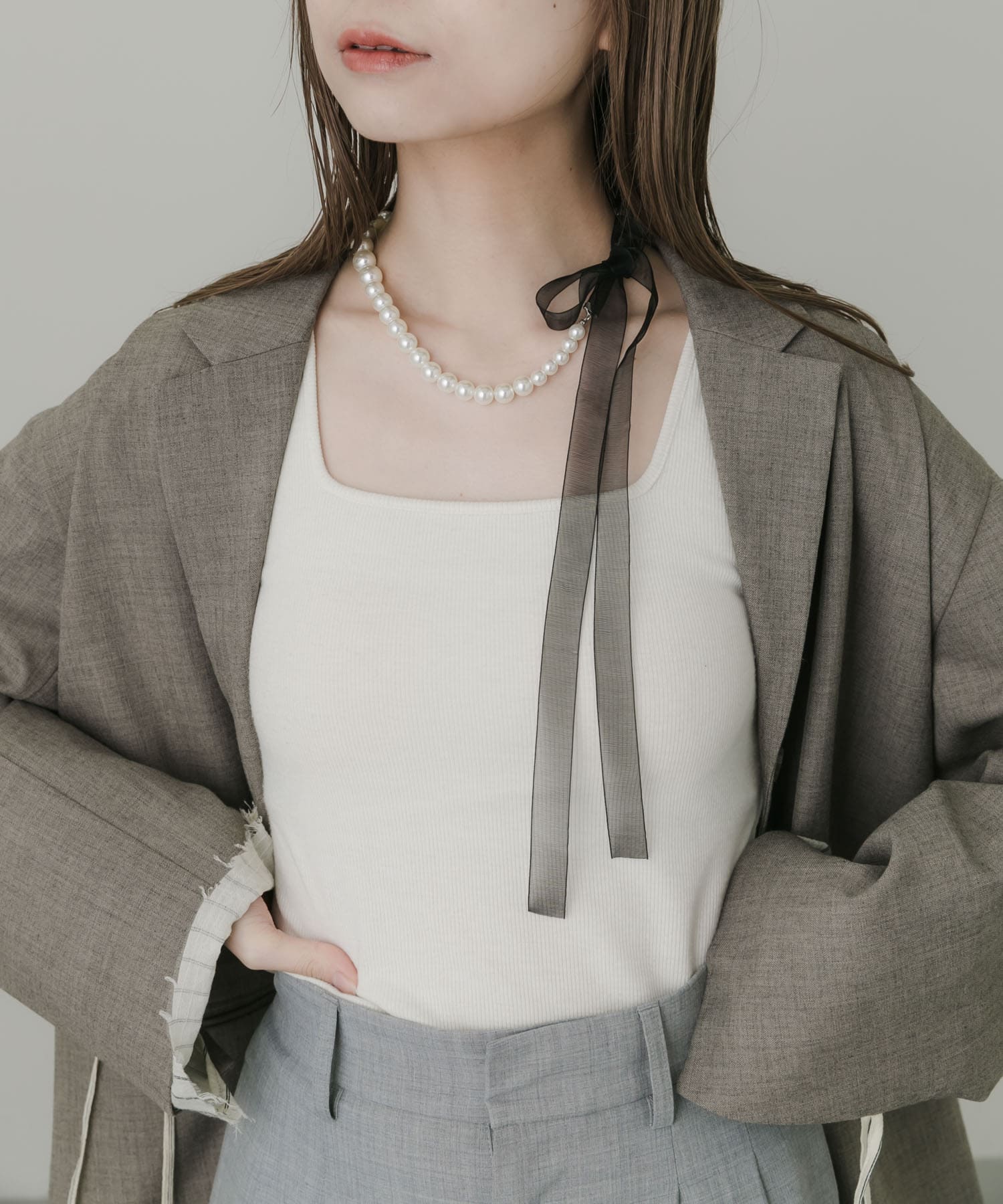 シアーリボンパールネックレス BLK/IVO -