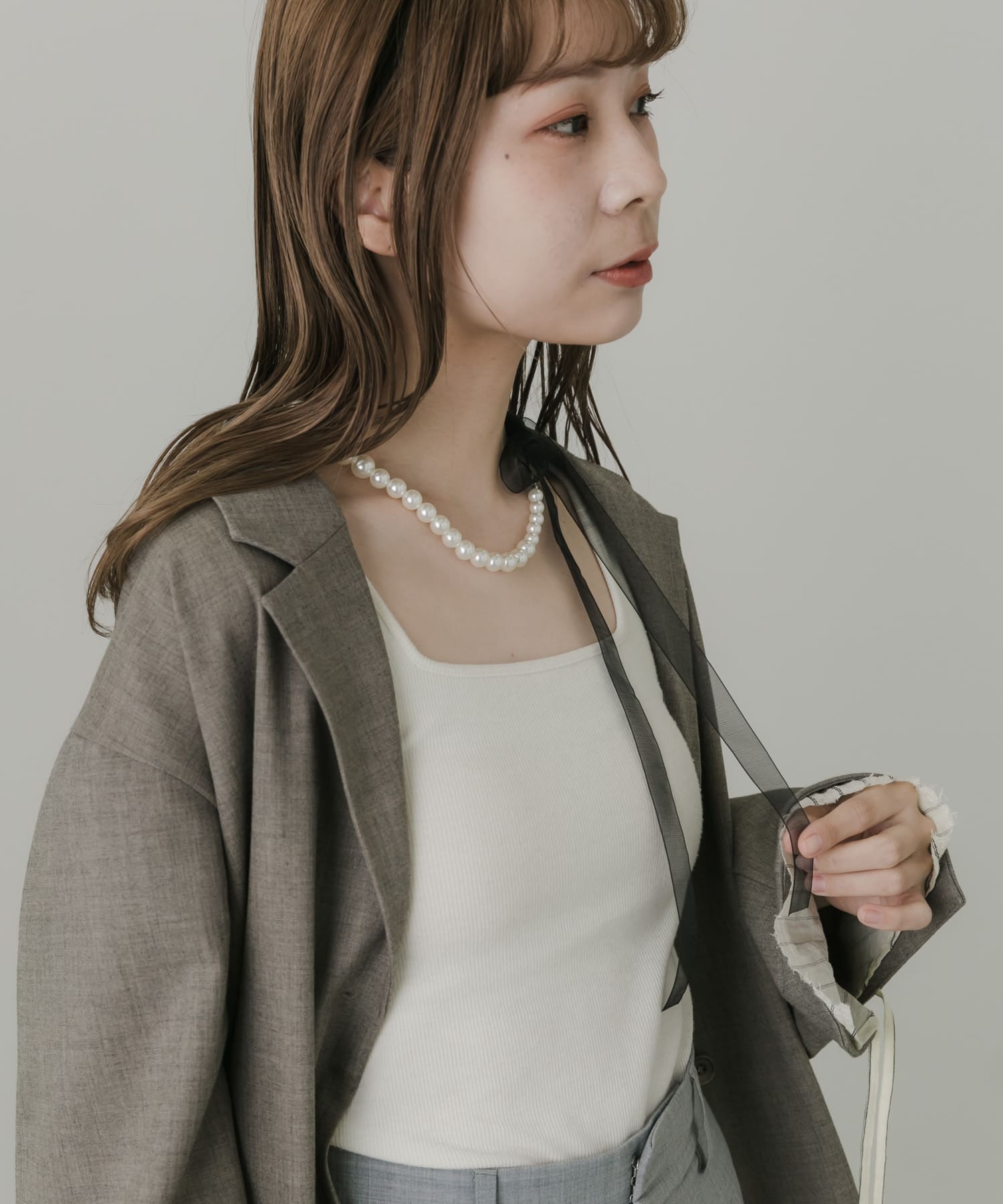 シアーリボンパールネックレス BLK/IVO -