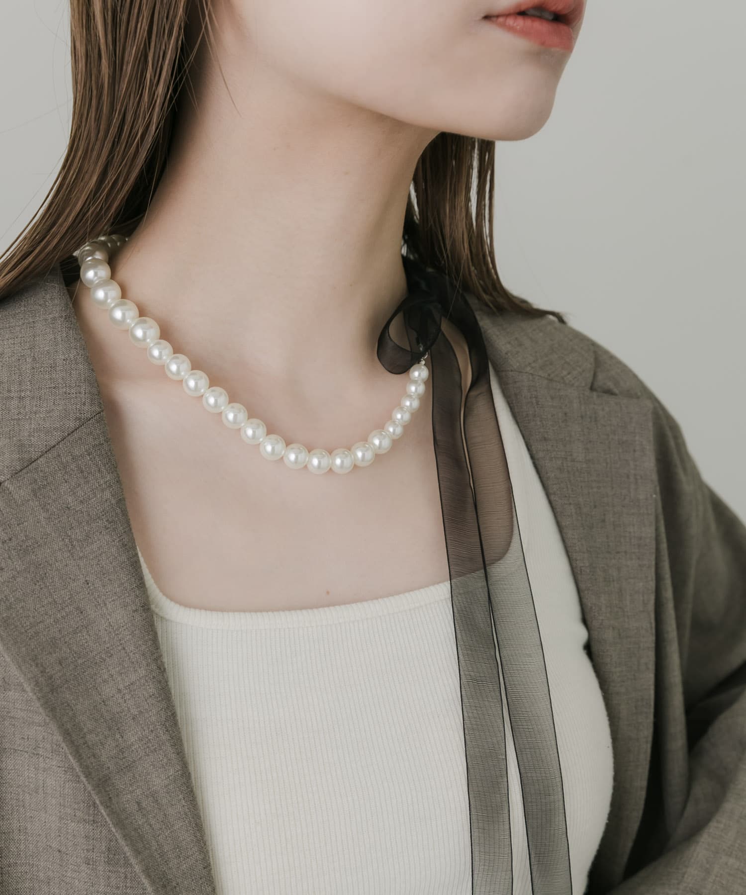 シアーリボンパールネックレス BLK/IVO -