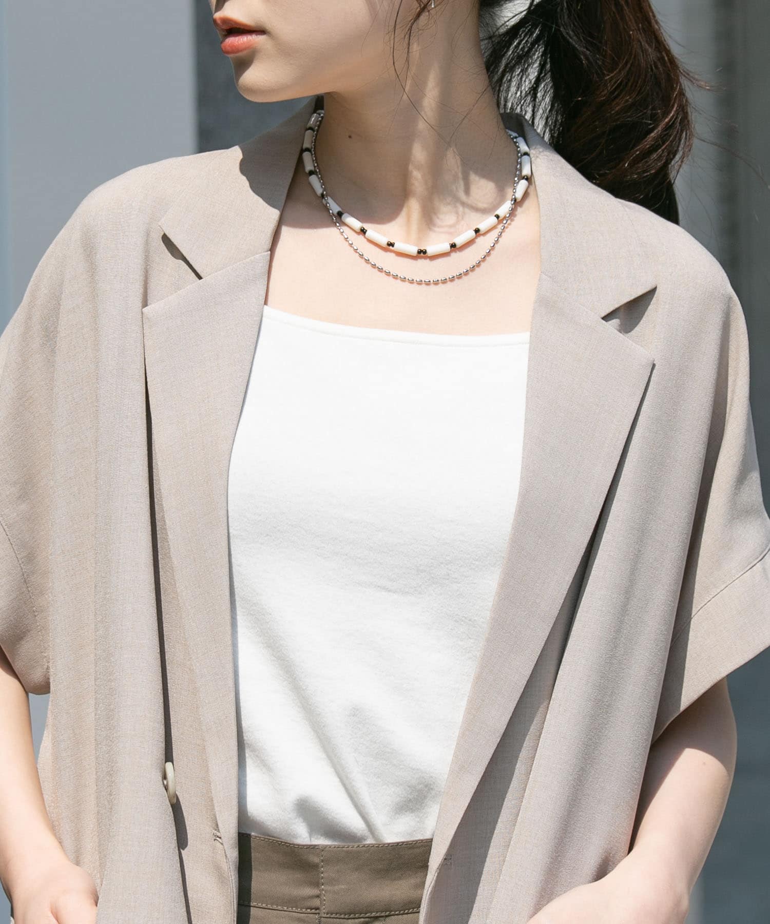 ビーズメタルボールレイヤードネックレス WHT/BLK -