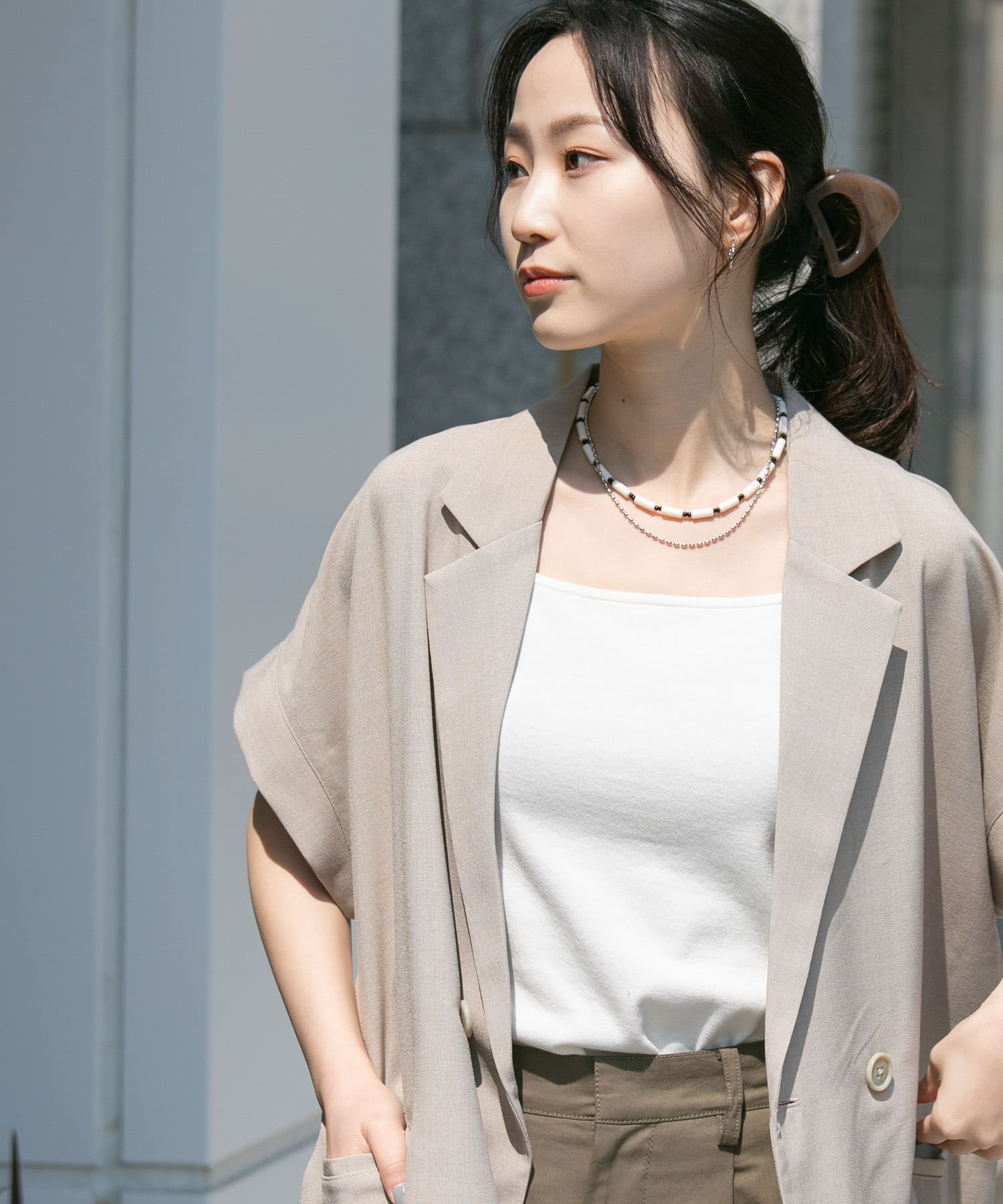 ビーズメタルボールレイヤードネックレス WHT/BLK -