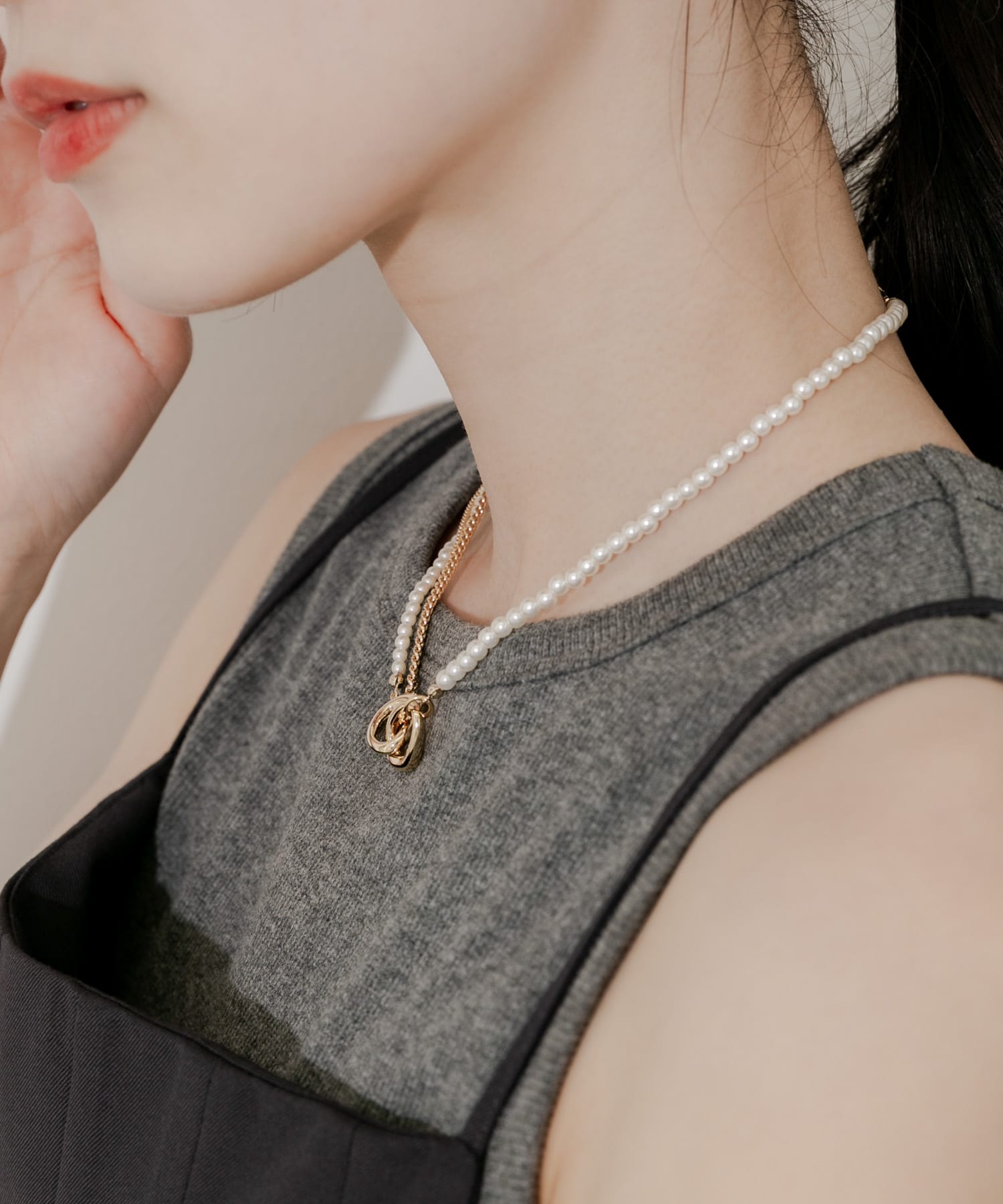 パールチェーンコンビショートネックレス GD/IV -