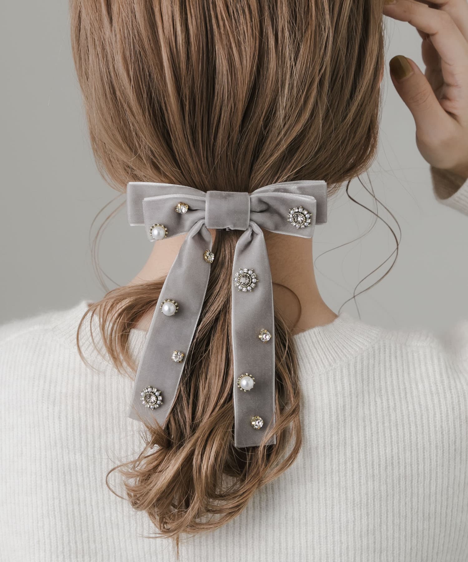 ビジューベロアリボンバレッタ GRY -