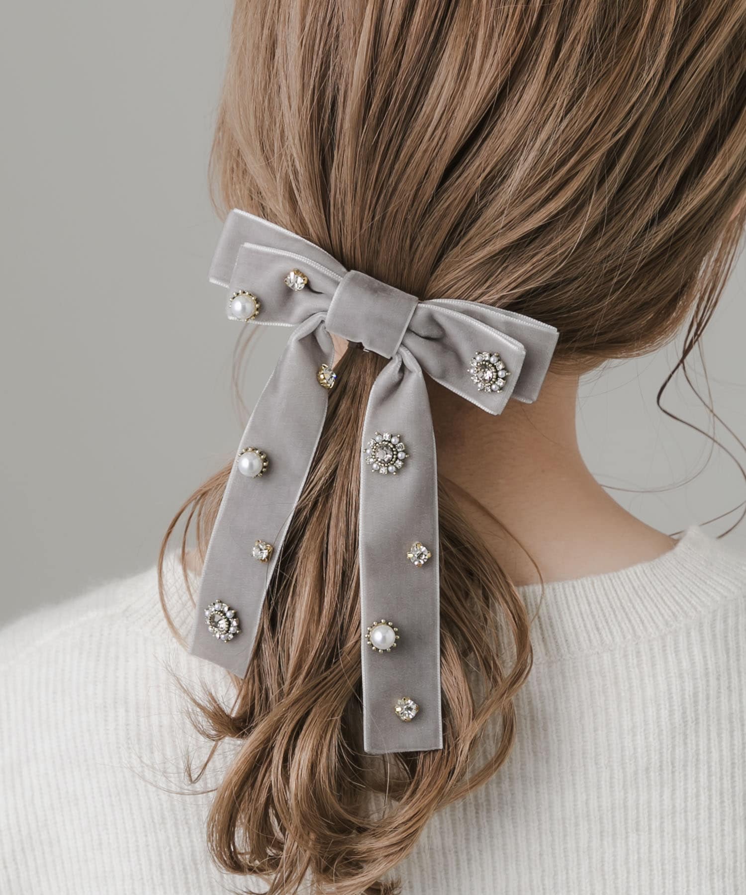 ビジューベロアリボンバレッタ GRY -