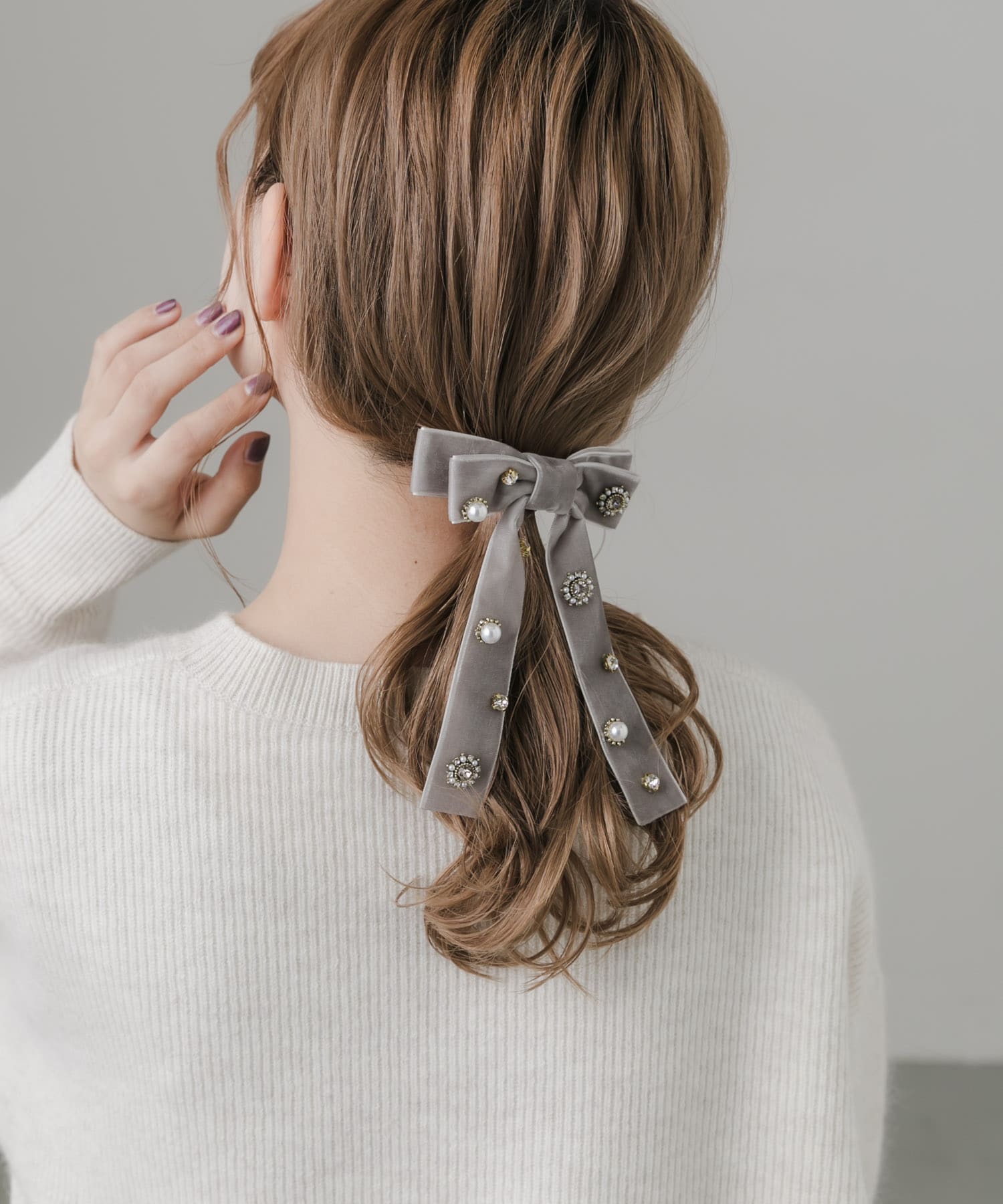 ビジューベロアリボンバレッタ GRY -