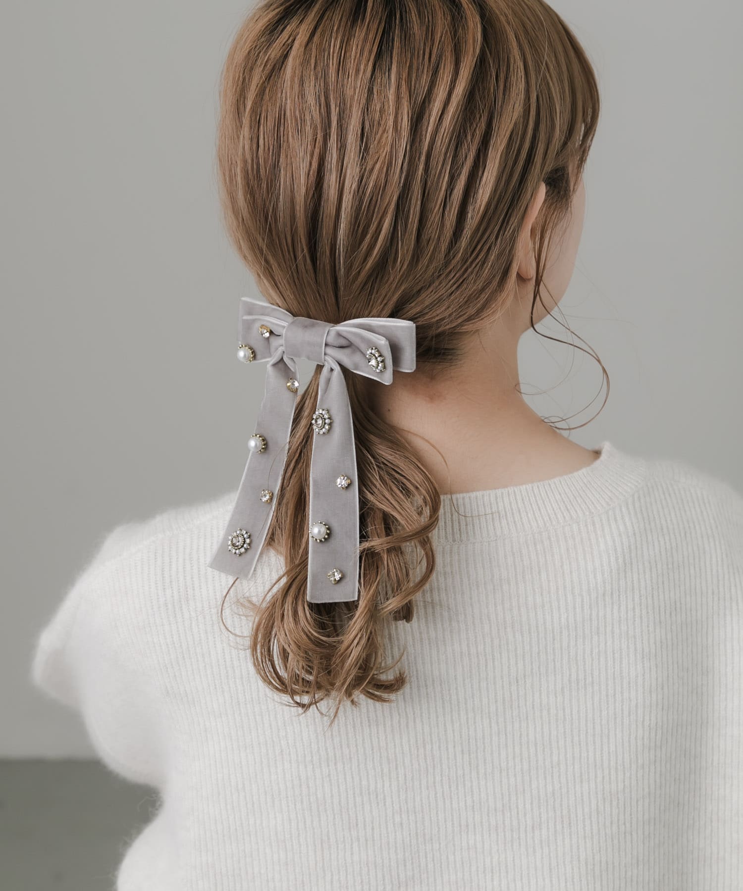 ビジューベロアリボンバレッタ GRY -