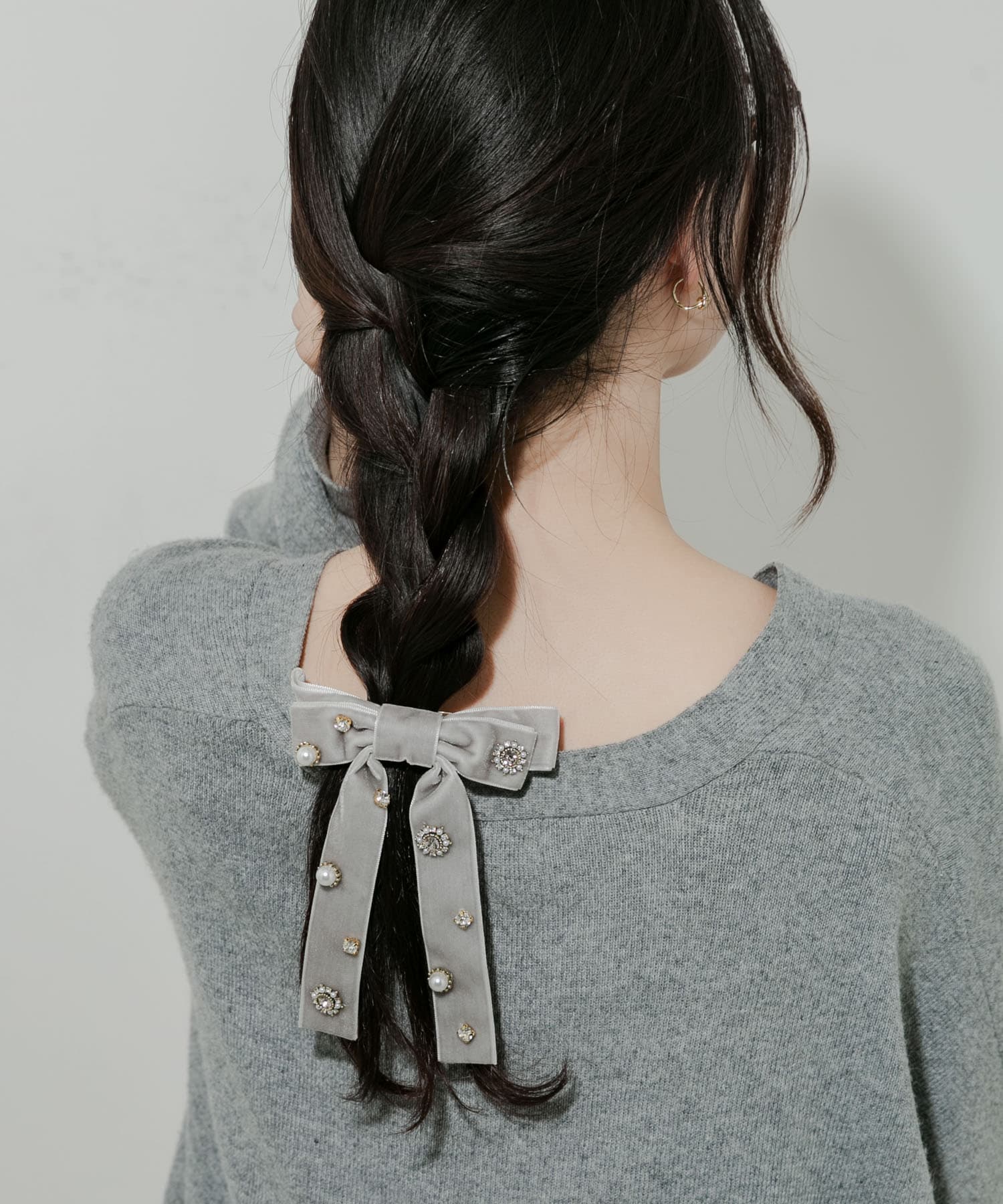 ビジューベロアリボンバレッタ GRY -