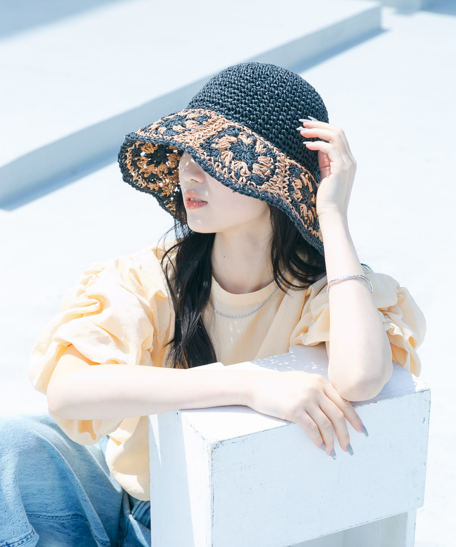 クロシェモチーフペーパーハット BLK/BEG -